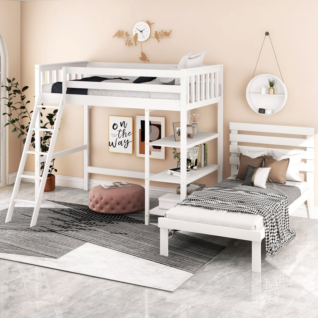 White Double Twin Size Ladder Loft Bed With Headboard Default Title