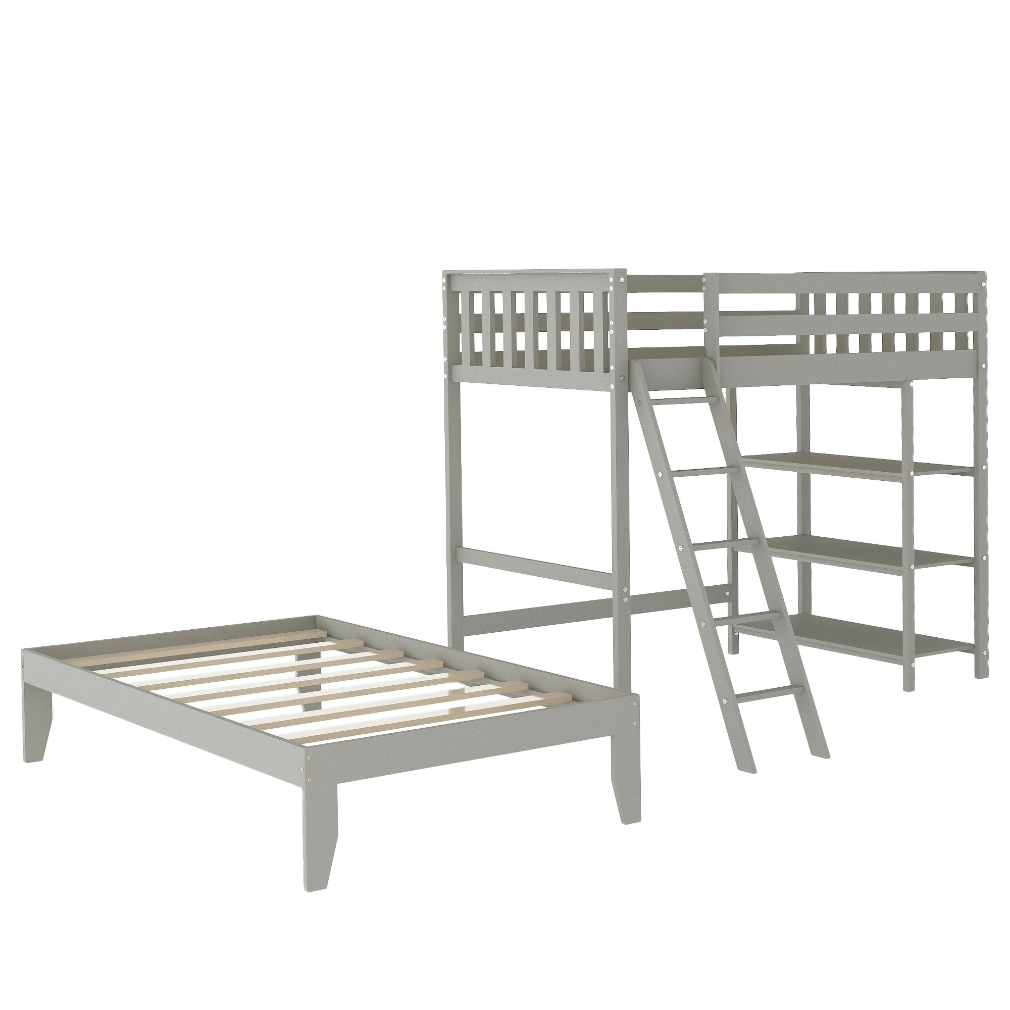 Gray Double Twin Size Ladder Loft Bed