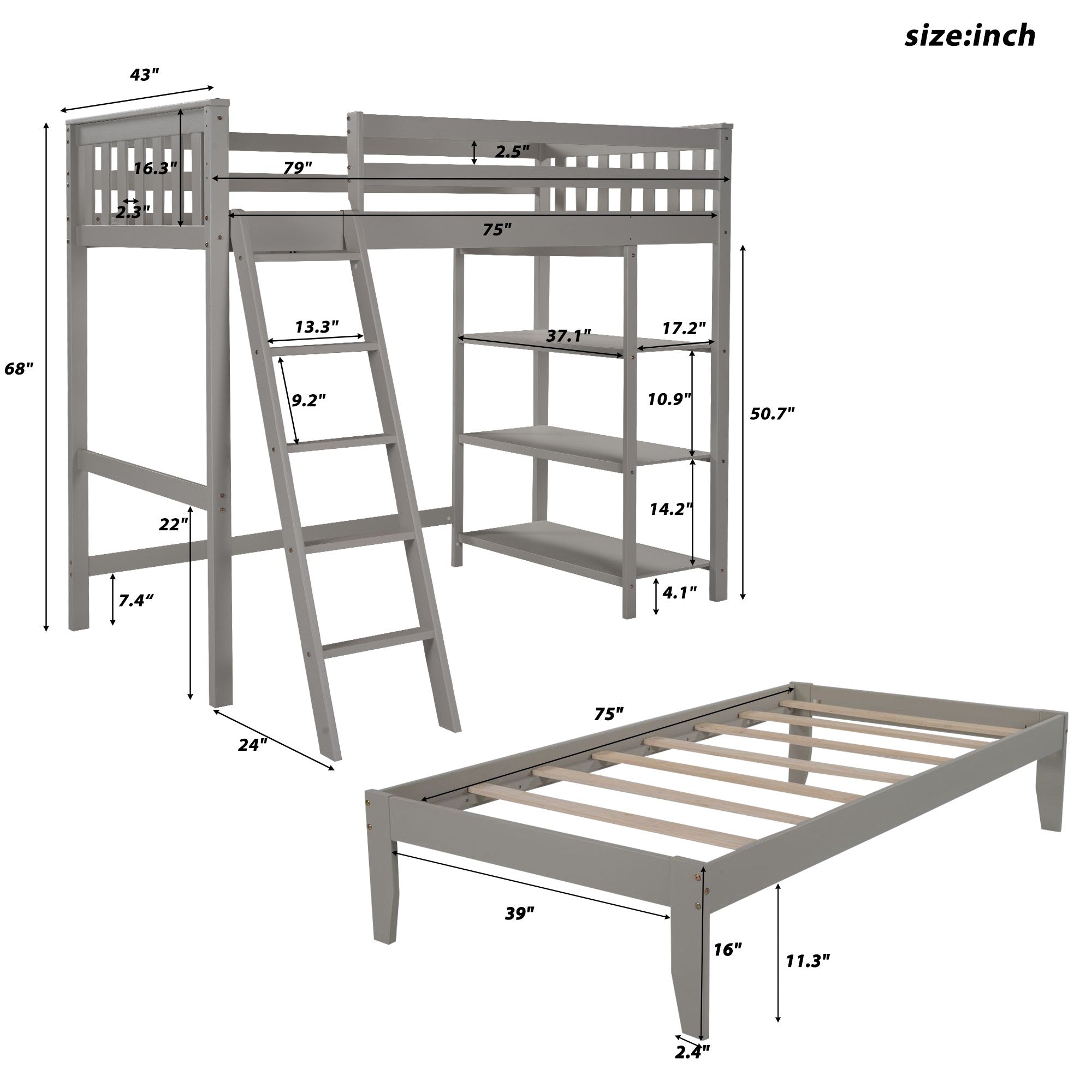 Gray Double Twin Size Ladder Loft Bed