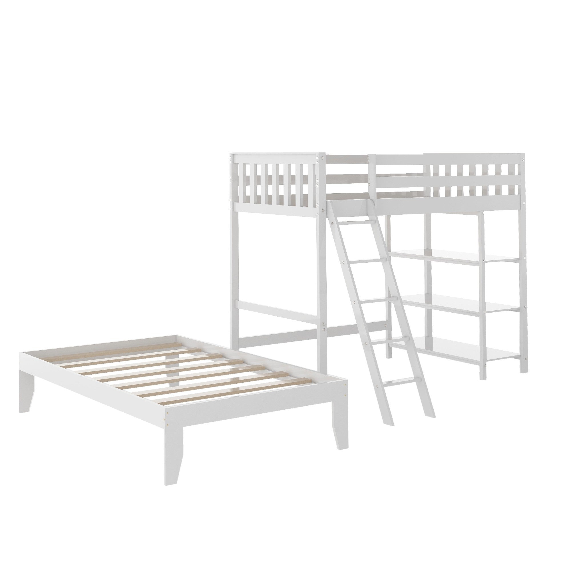 White Double Twin Size Ladder Loft Bed