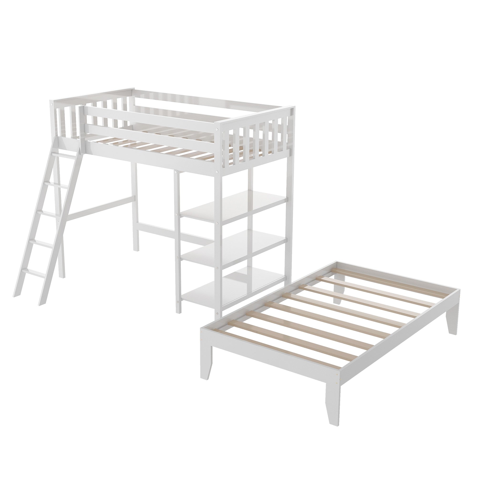 White Double Twin Size Ladder Loft Bed