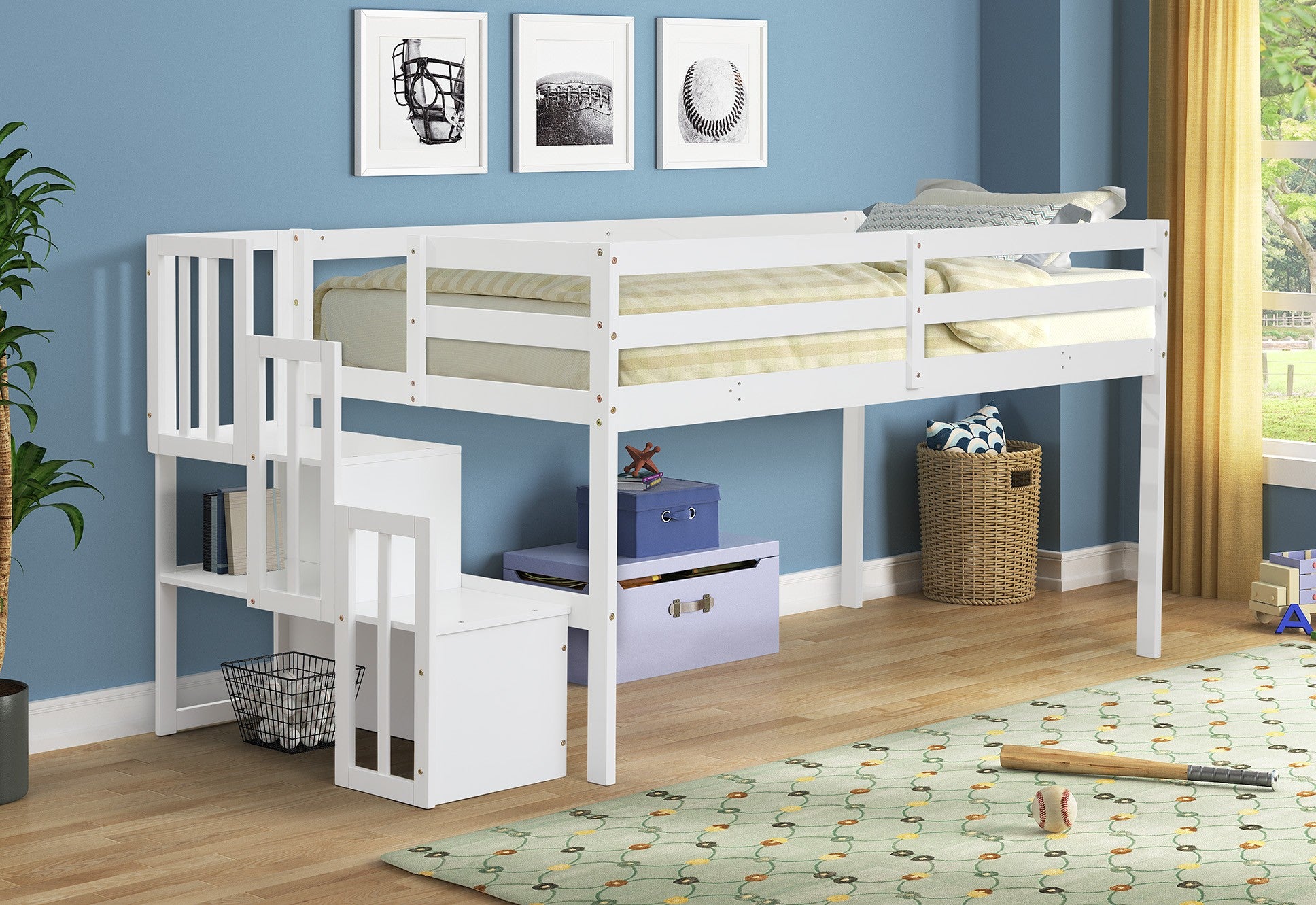 Mod White Low Loft Twin Bed with Stairway Default Title