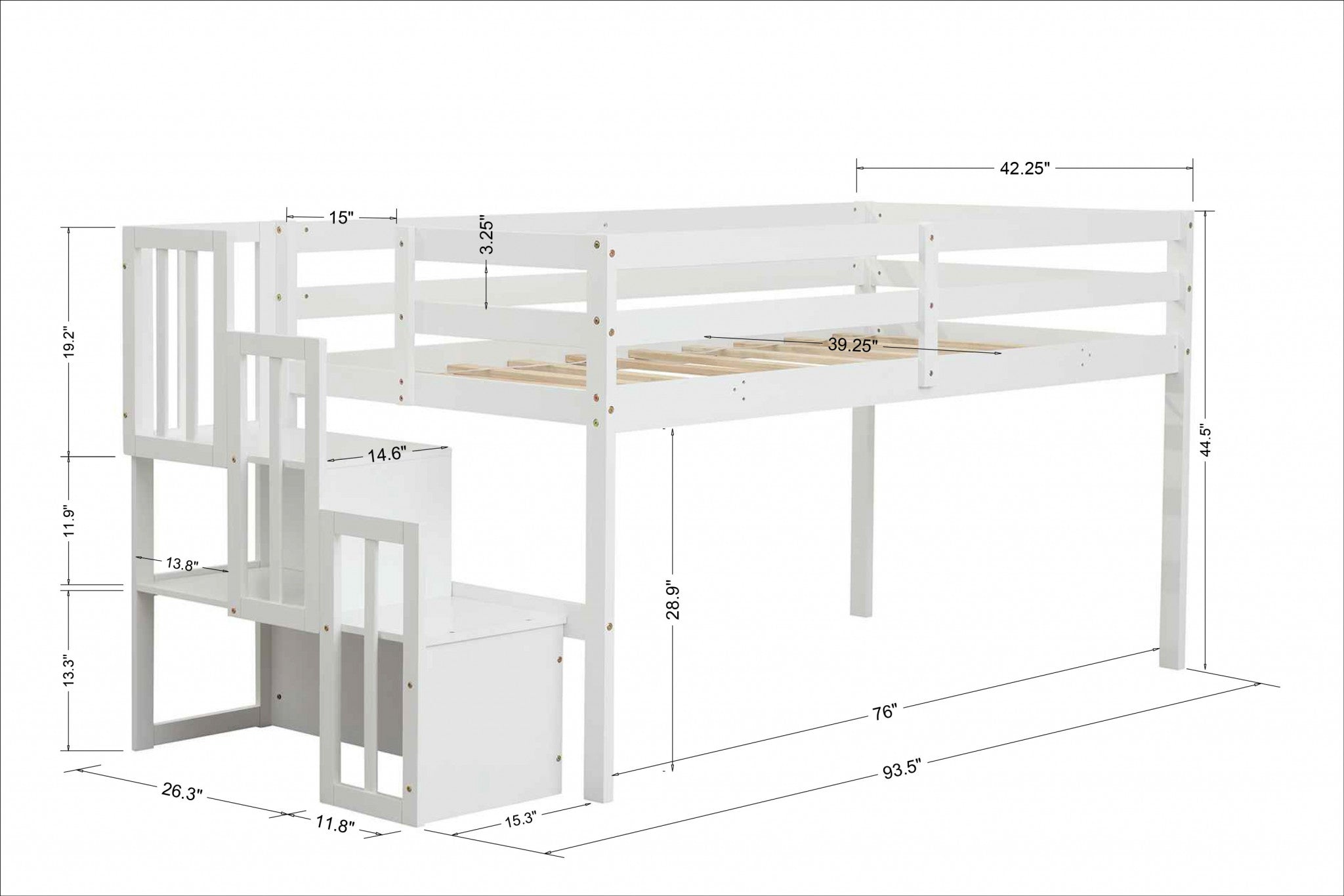 Mod White Low Loft Twin Bed with Stairway