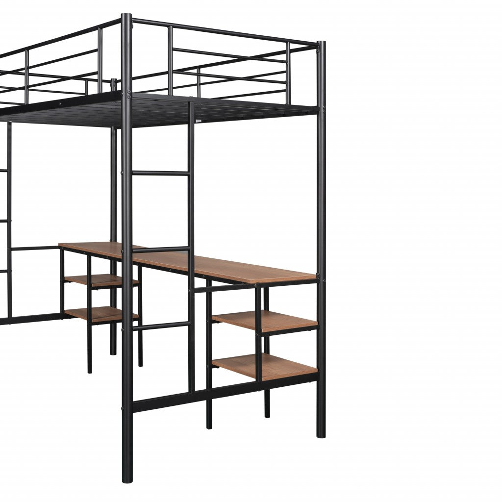 Neo Black and Maple Metal Loft Bed with Desk and Double Ladder Default Title