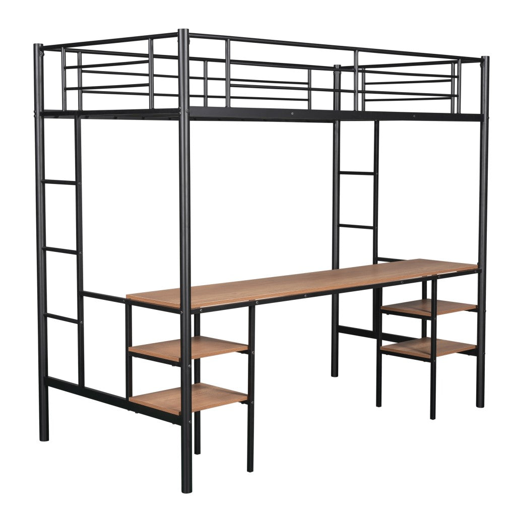 Neo Black and Maple Metal Loft Bed with Desk and Double Ladder Default Title