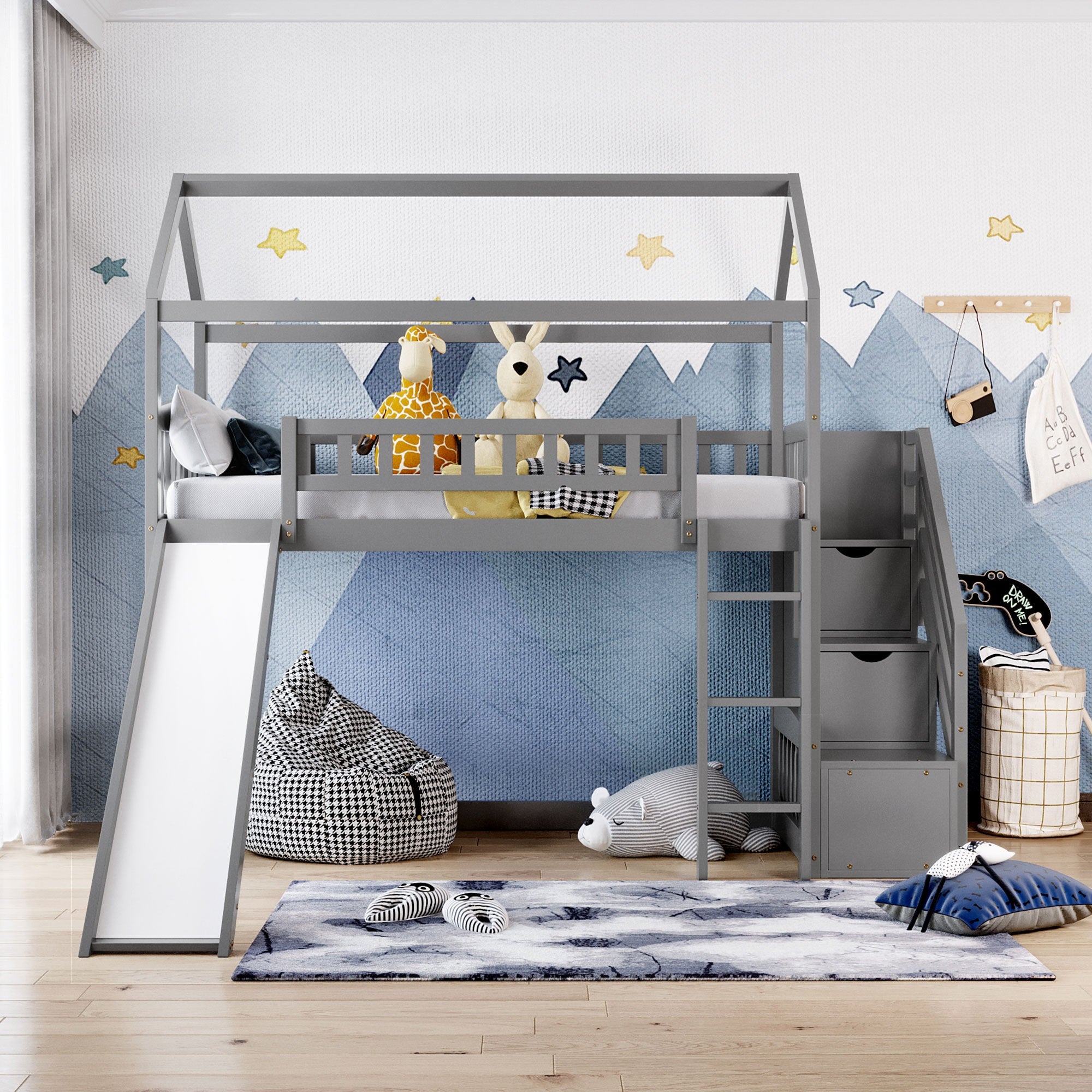 Cool Gray Twin Size Loft Bed with Slide and Storage