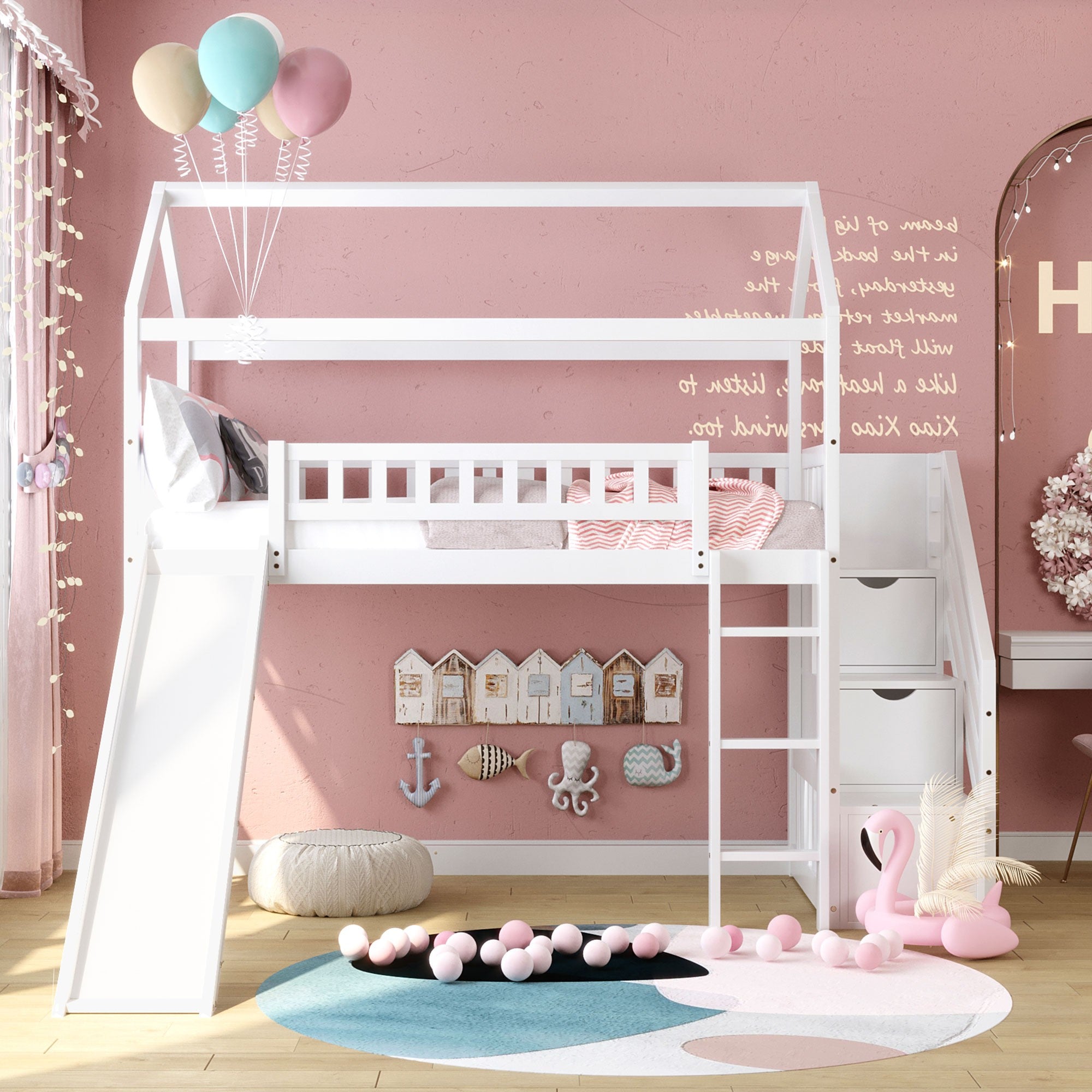 Cool White Twin Size Loft Bed with Slide and Storage