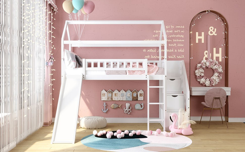 Cool White Twin Size Loft Bed with Slide and Storage