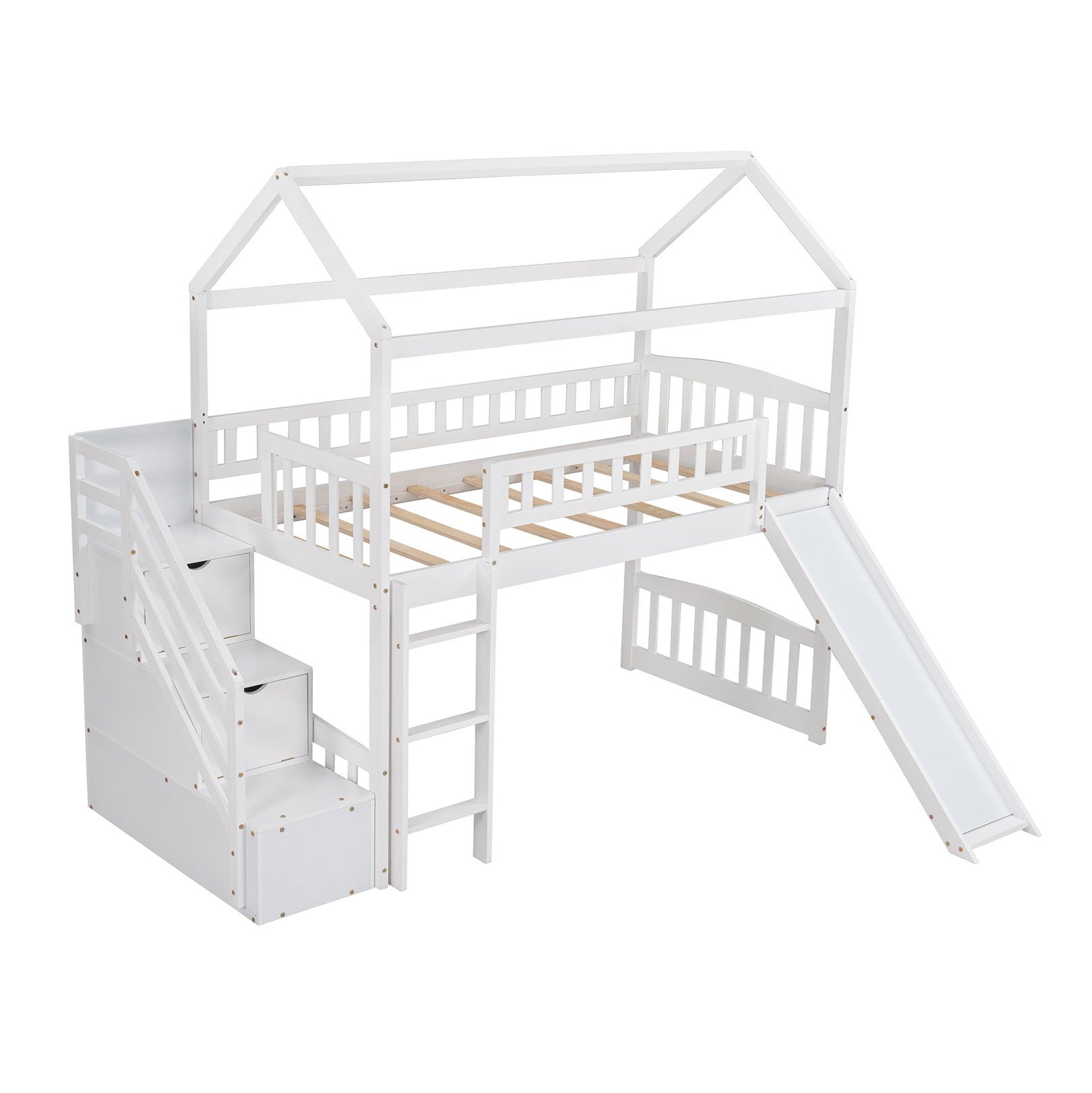 Cool White Twin Size Loft Bed with Slide and Storage