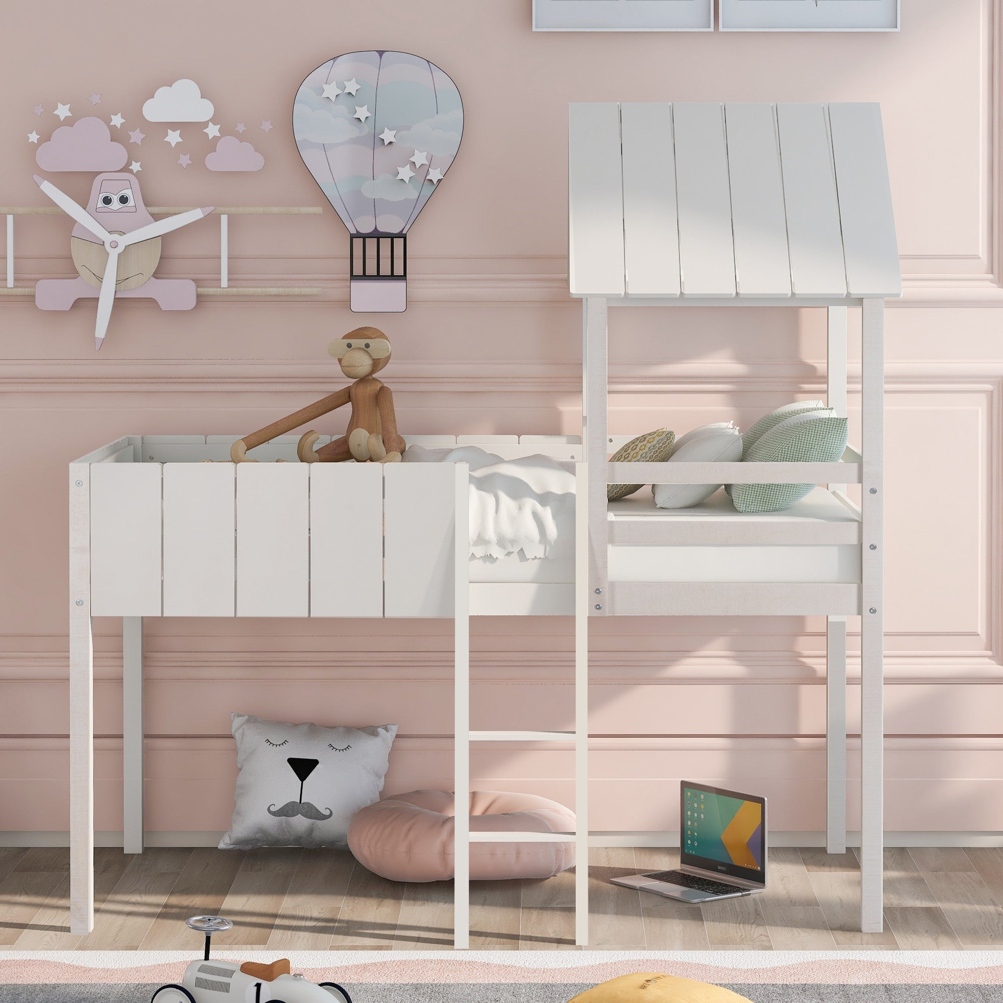 Playhouse Whitewash Twin Size Loft Bed with Roof Default Title