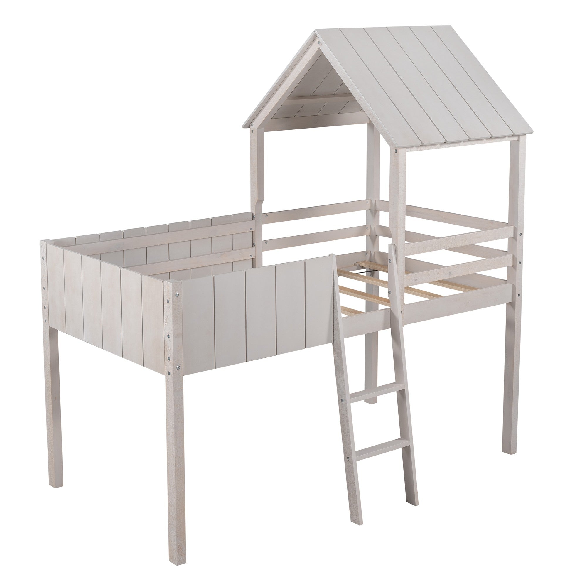 Playhouse Whitewash Twin Size Loft Bed with Roof Default Title