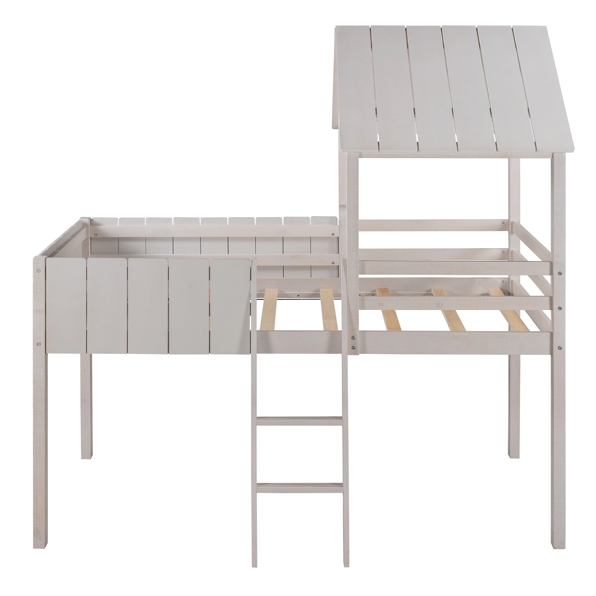 Playhouse Whitewash Twin Size Loft Bed with Roof