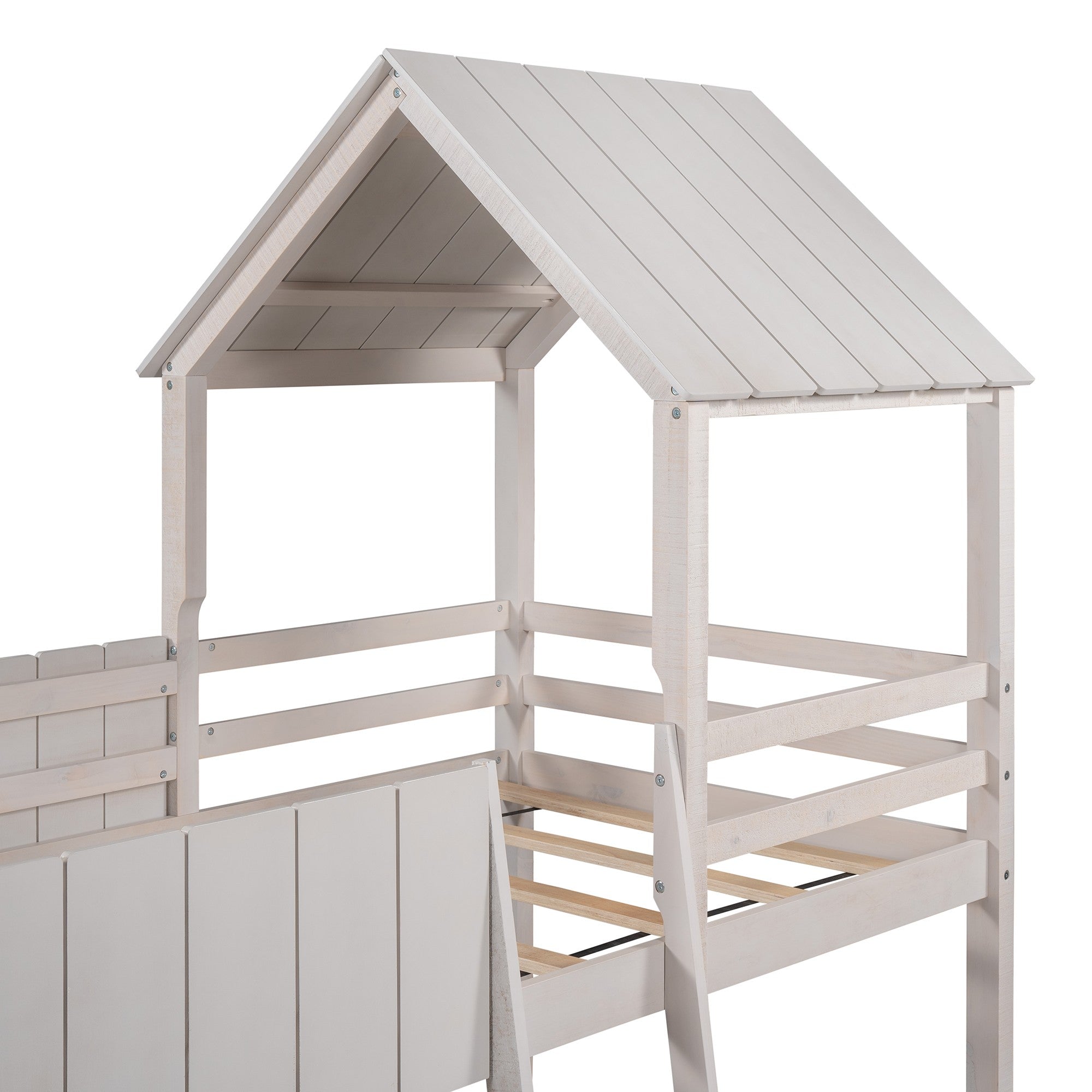 Playhouse Whitewash Twin Size Loft Bed with Roof