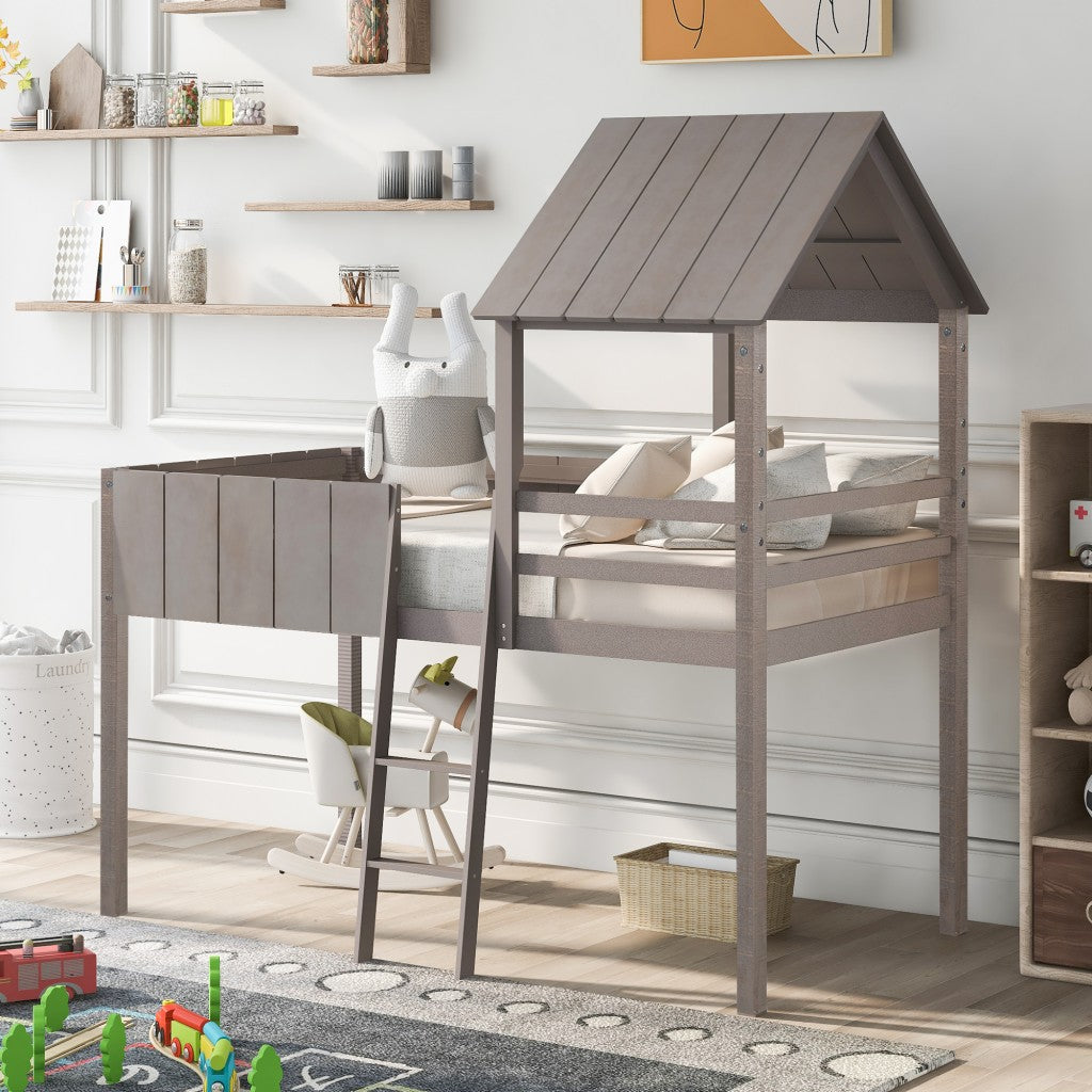 Playhouse Graywash Twin Size Loft Bed with Roof