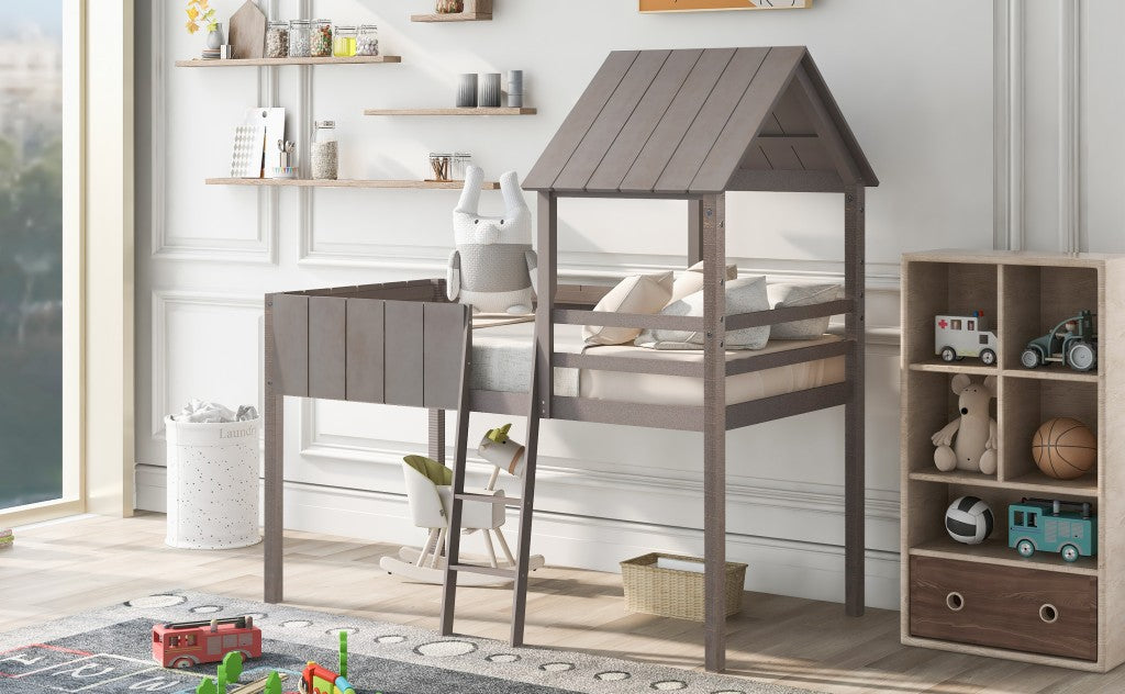 Playhouse Graywash Twin Size Loft Bed with Roof