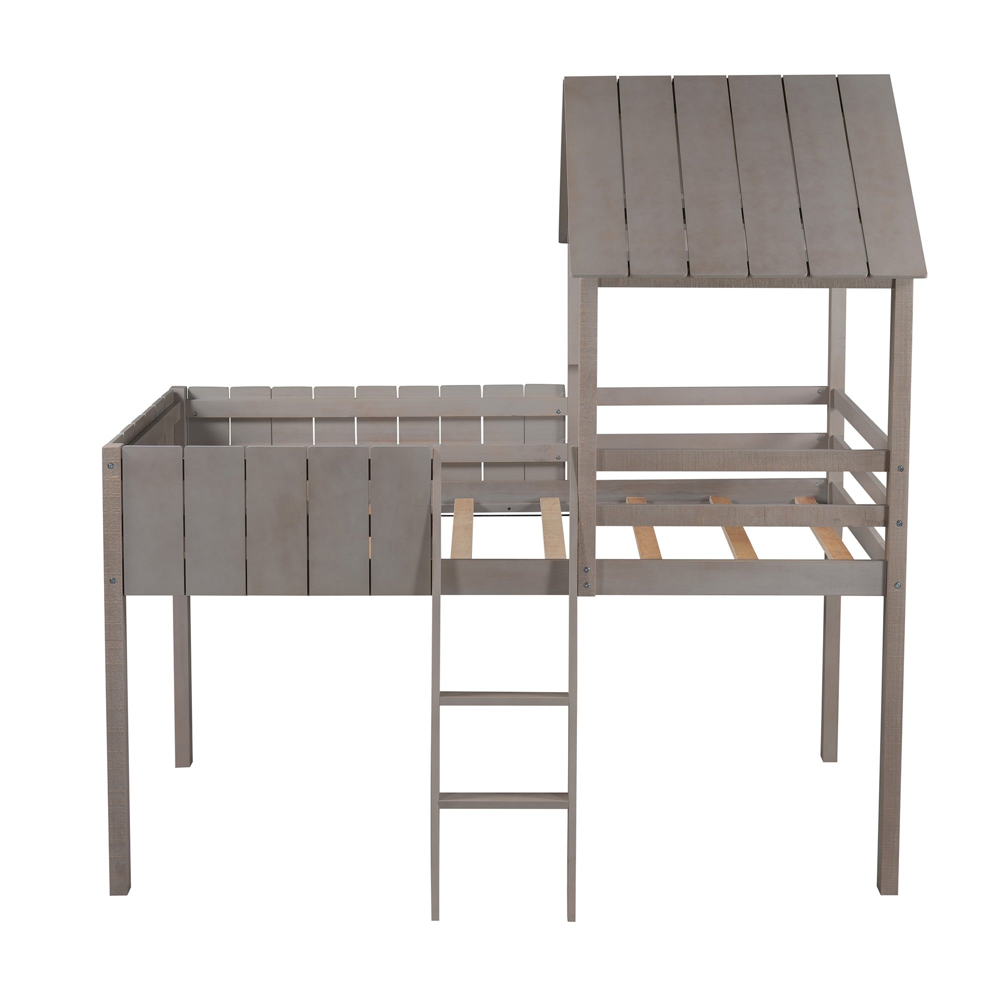 Playhouse Graywash Twin Size Loft Bed with Roof