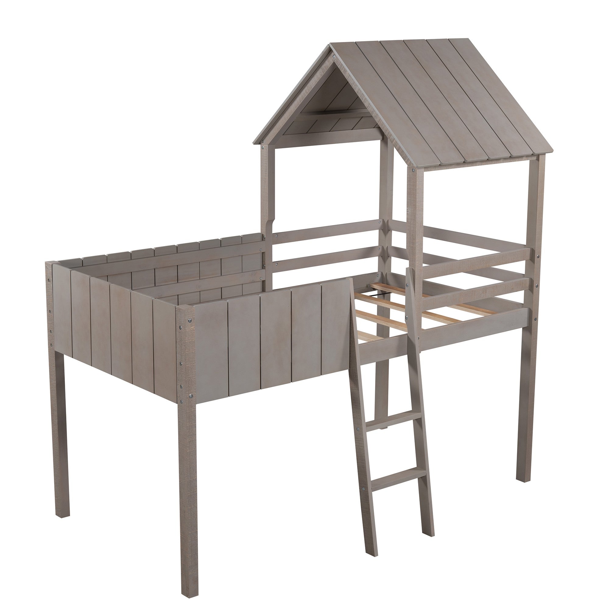 Playhouse Graywash Twin Size Loft Bed with Roof