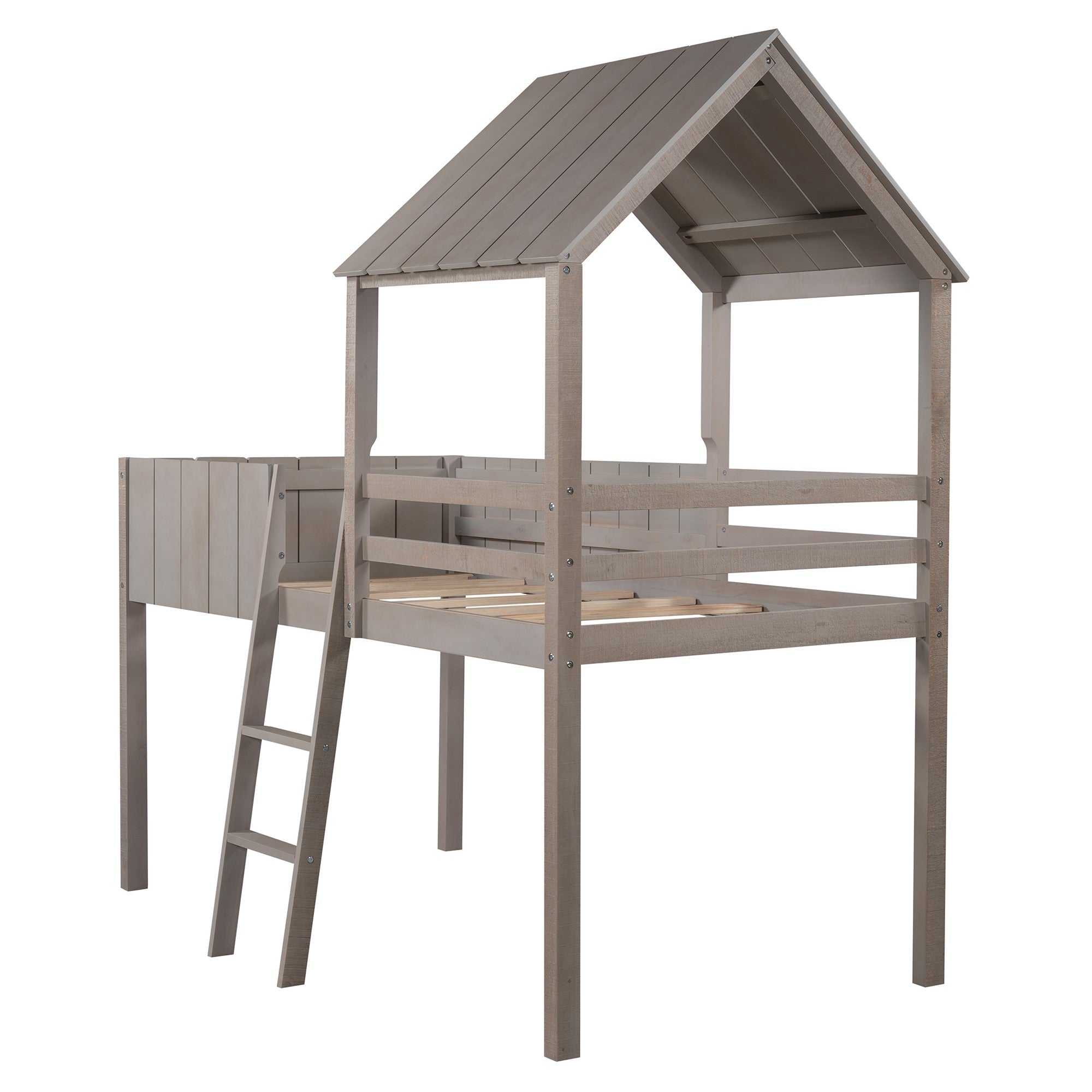 Playhouse Graywash Twin Size Loft Bed with Roof