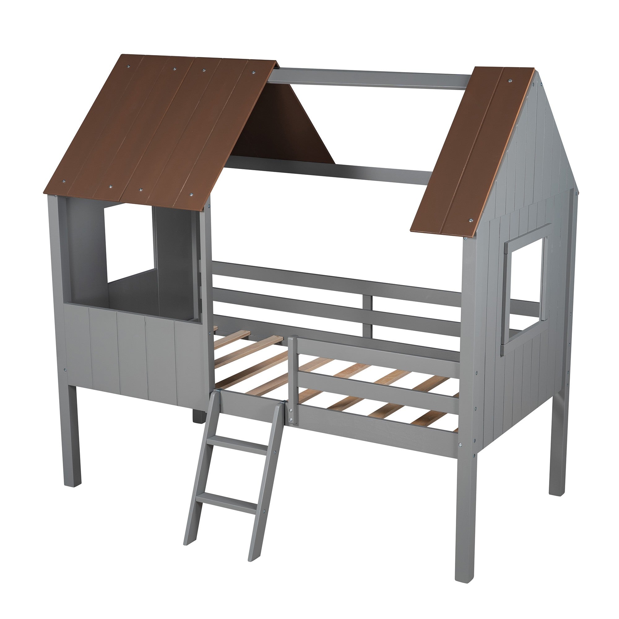 Playhouse with Windows and Partial Roof Antique Gray Twin Size Loft Bed