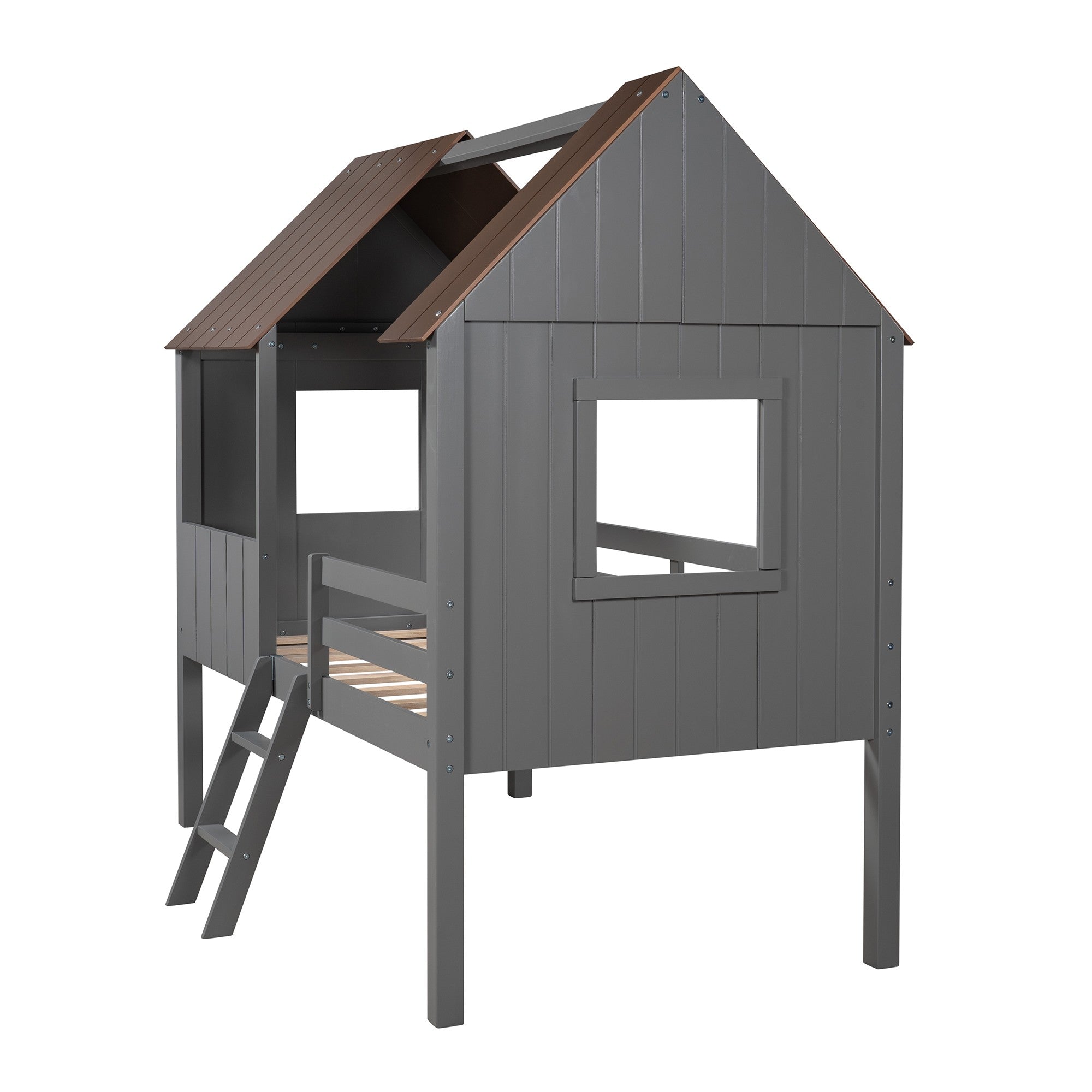 Playhouse with Windows and Partial Roof Antique Gray Twin Size Loft Bed