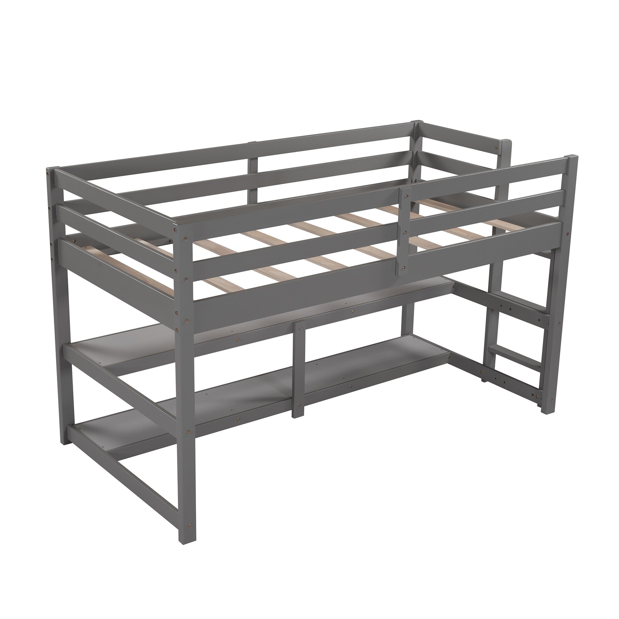 Minimalist Gray Twin Size Loft Bed with Built In Shelves