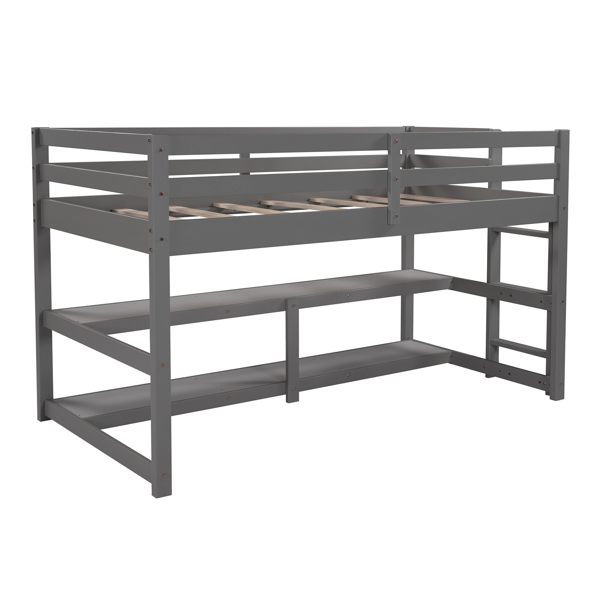 Minimalist Gray Twin Size Loft Bed with Built In Shelves