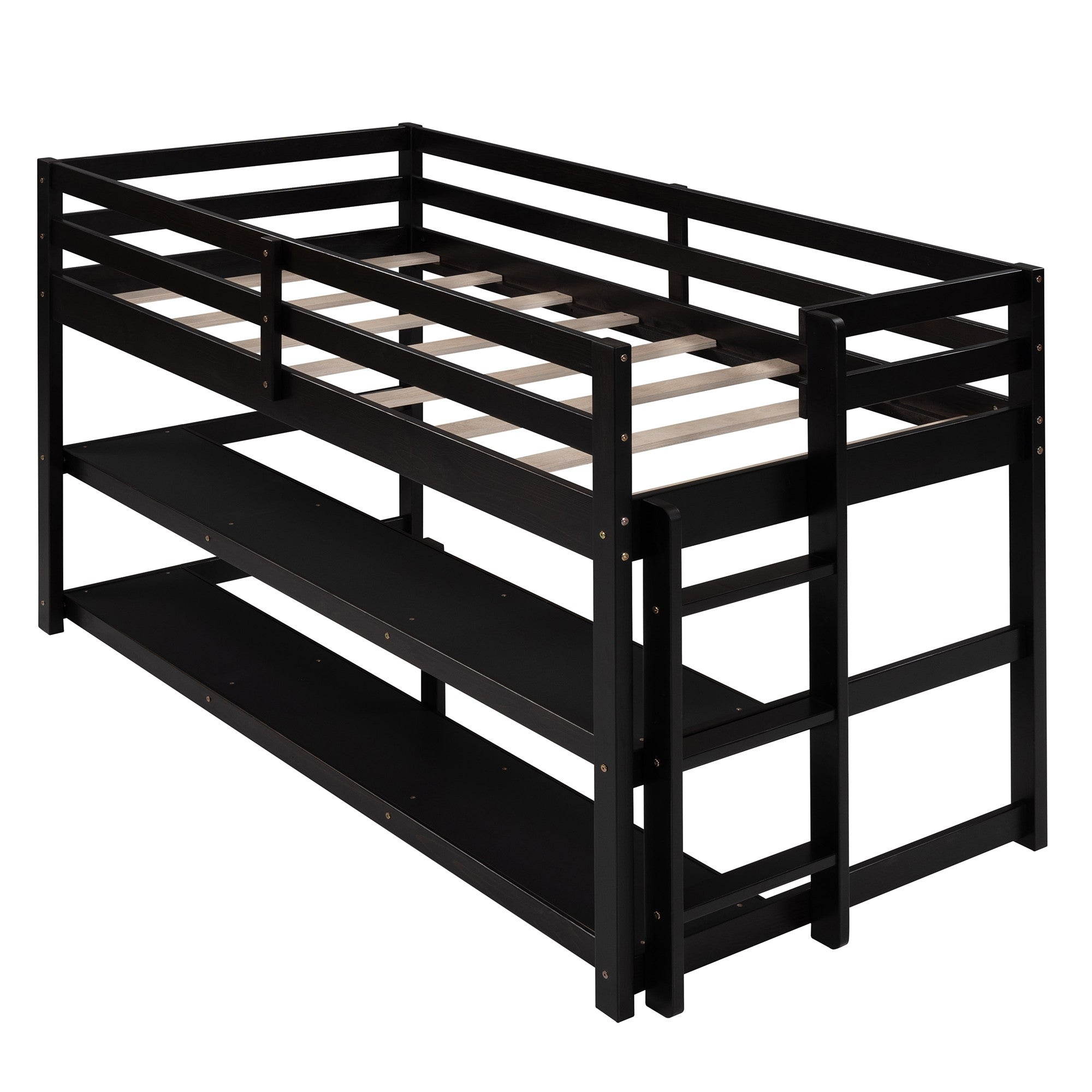Minimalist Dark Brown Twin Size Loft Bed with Built In Shelves