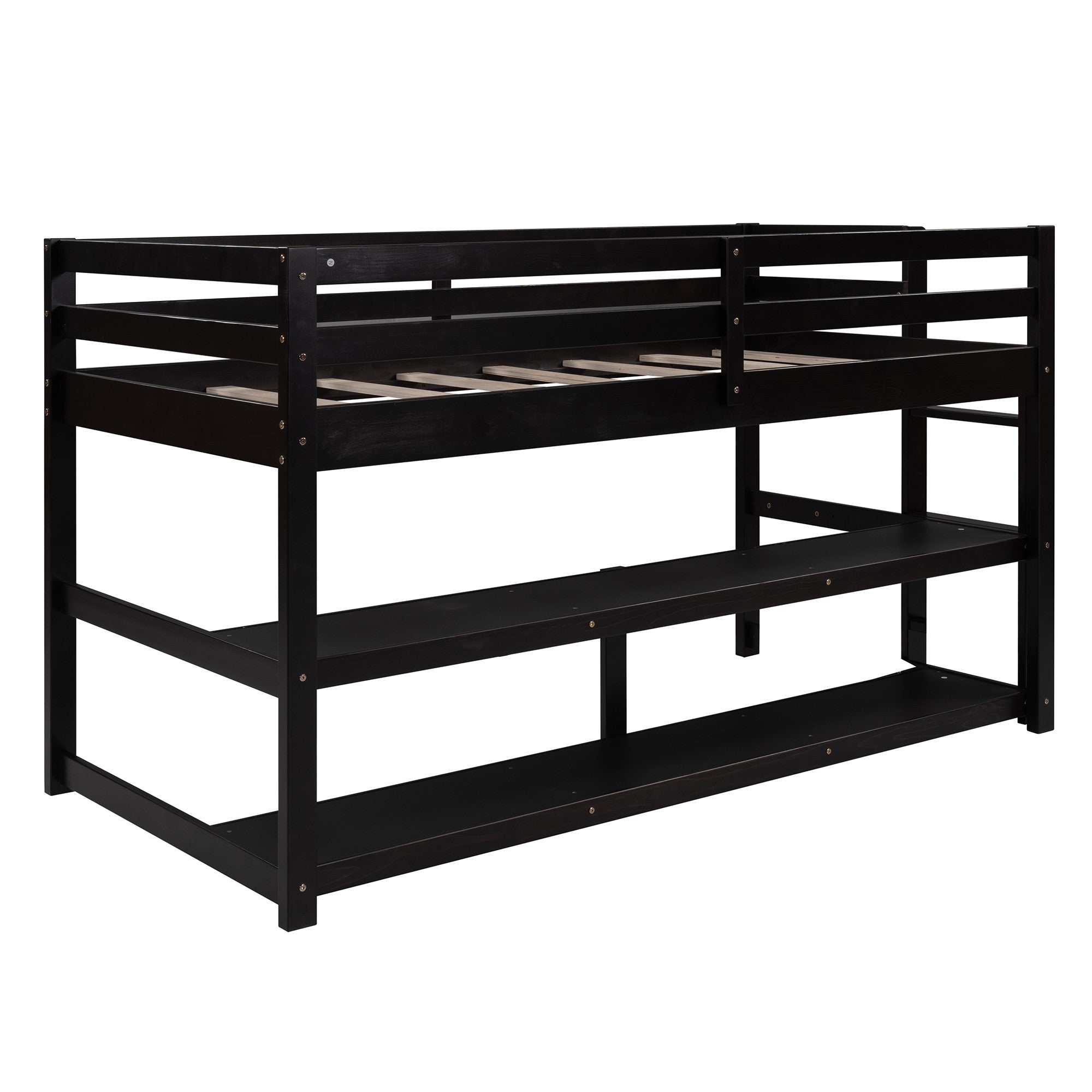 Minimalist Dark Brown Twin Size Loft Bed with Built In Shelves