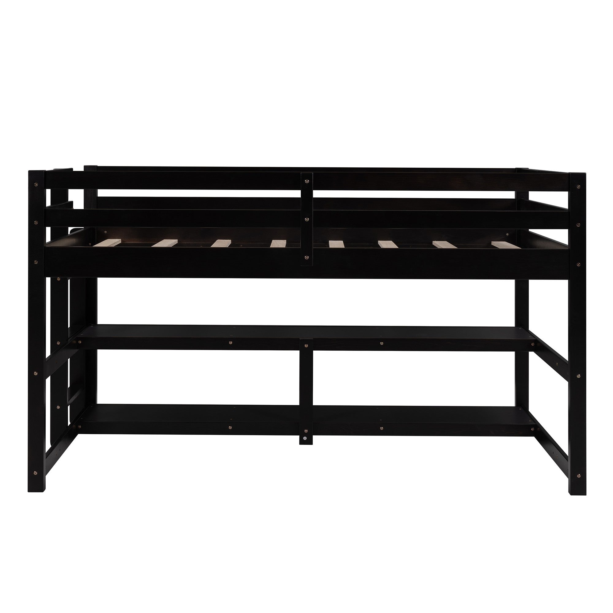 Minimalist Dark Brown Twin Size Loft Bed with Built In Shelves
