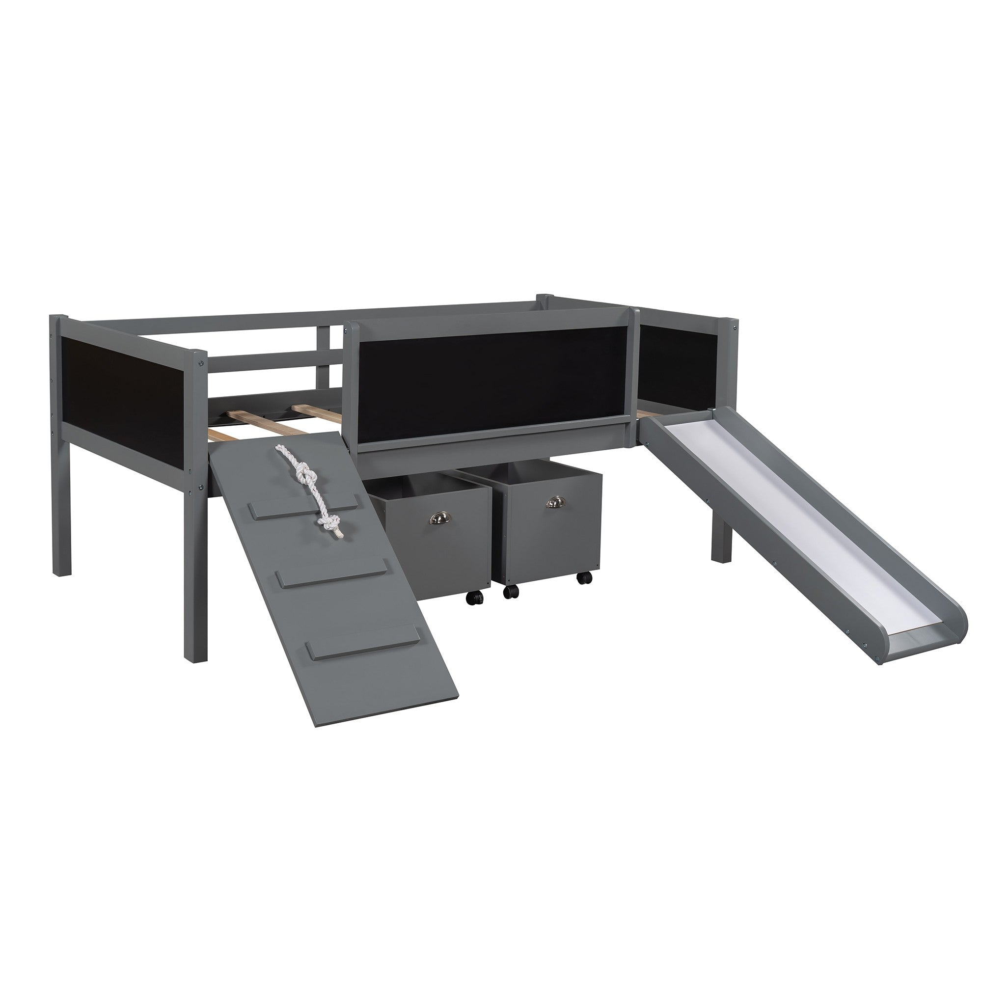 Climbing Frame Gray Twin Size Loft Bed with Slide and Storage Boxes