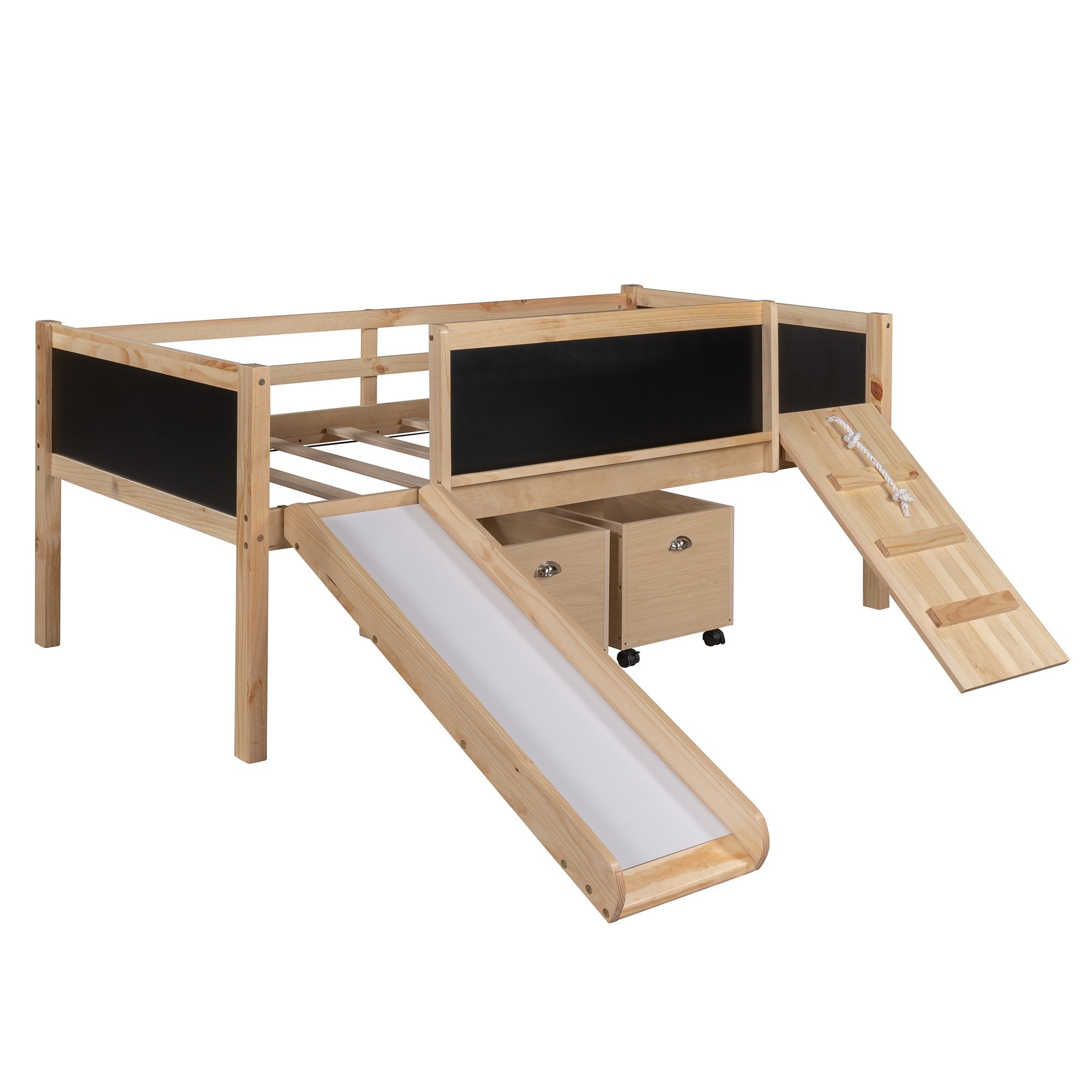 Climbing Frame Natural Twin Size Loft Bed with Slide and Storage Boxes Default Title