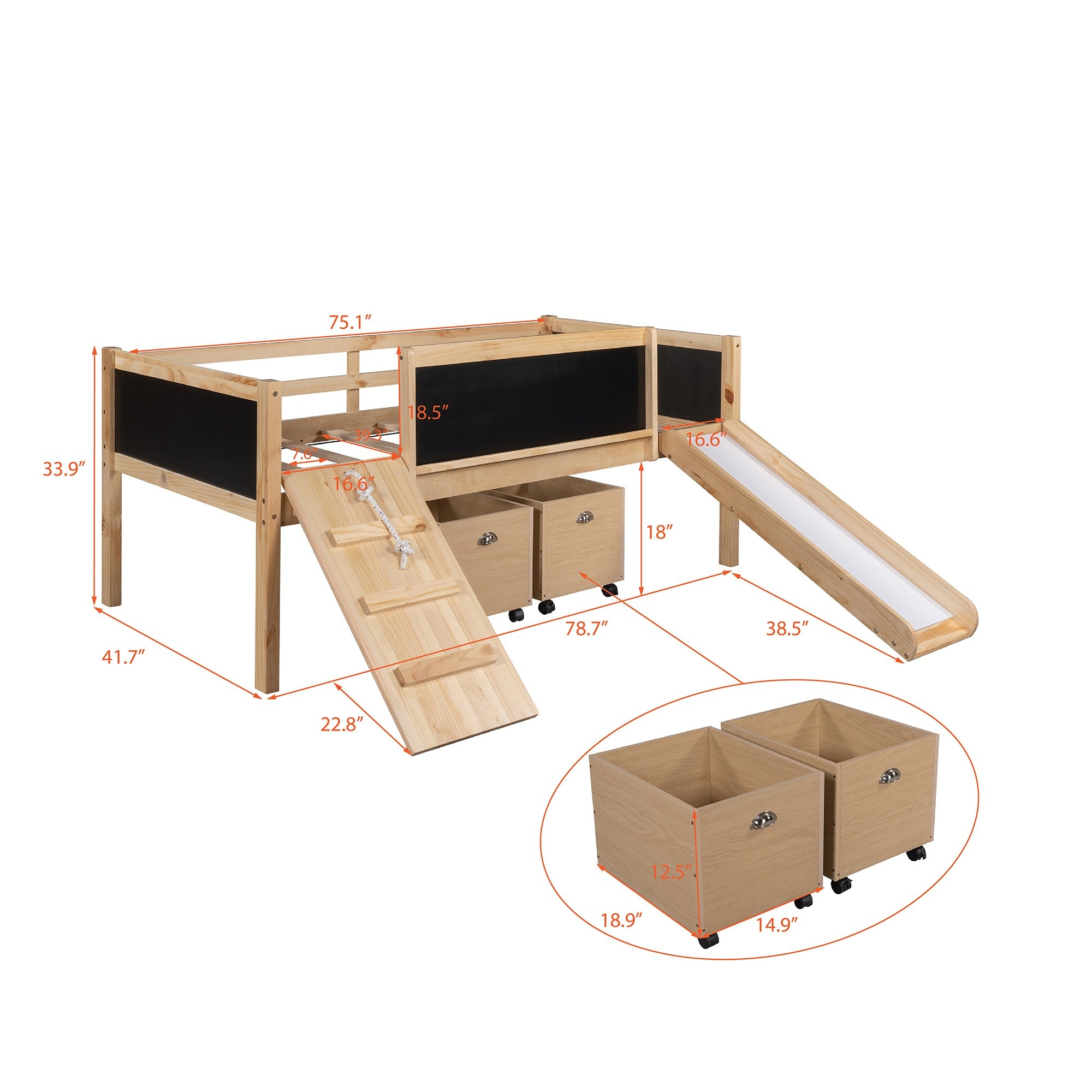 Climbing Frame Natural Twin Size Loft Bed with Slide and Storage Boxes Default Title