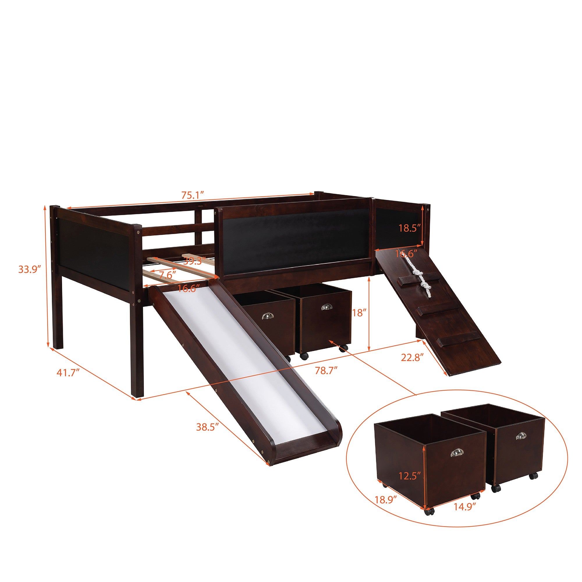 Climbing Frame Dark Brown Twin Size Loft Bed with Slide and Storage Boxes Default Title