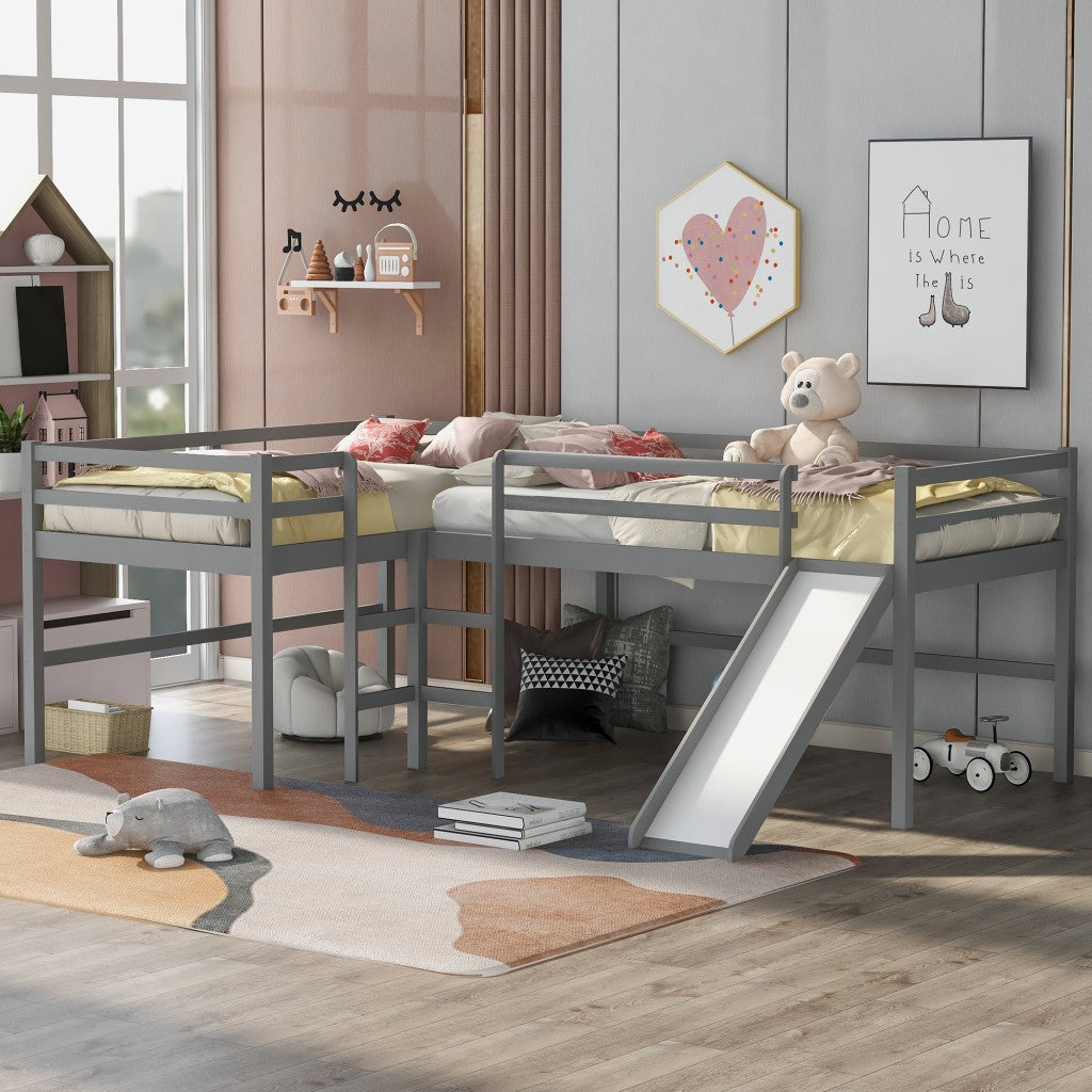Gray L Shaped Double Twin Low Loft Beds with Slide