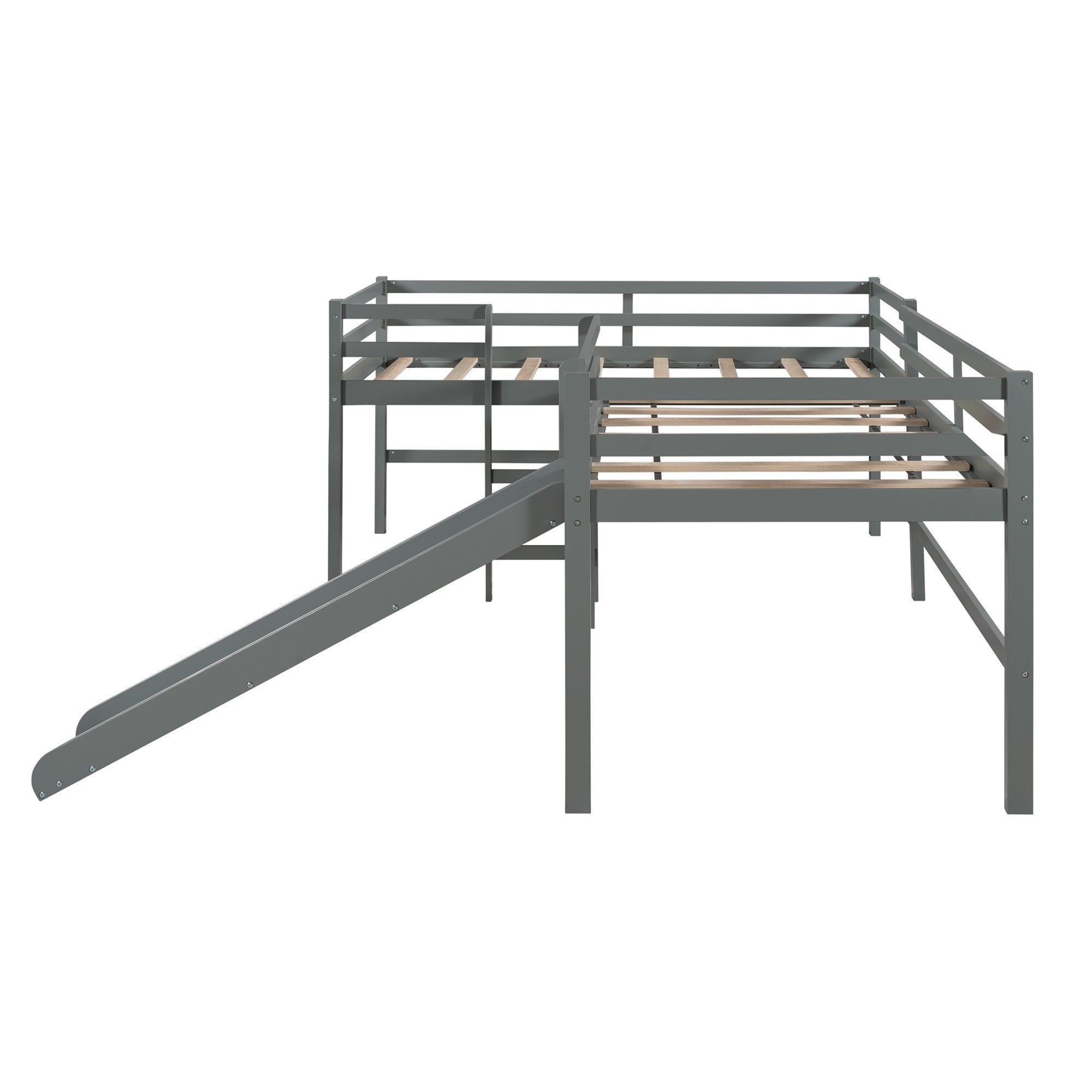 Gray L Shaped Double Twin Low Loft Beds with Slide