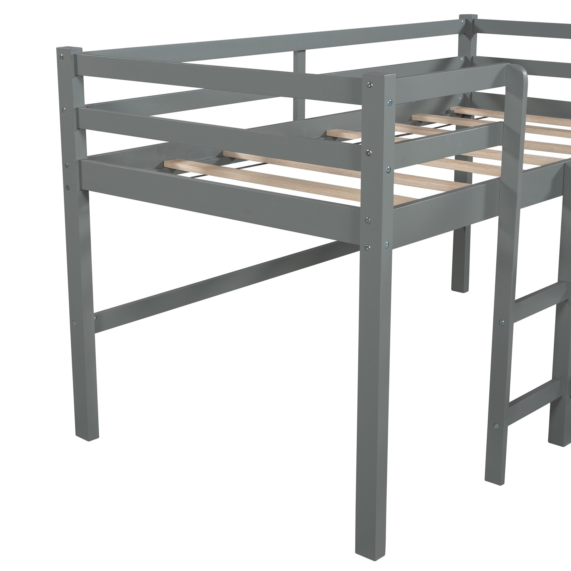 Gray L Shaped Double Twin Low Loft Beds with Slide