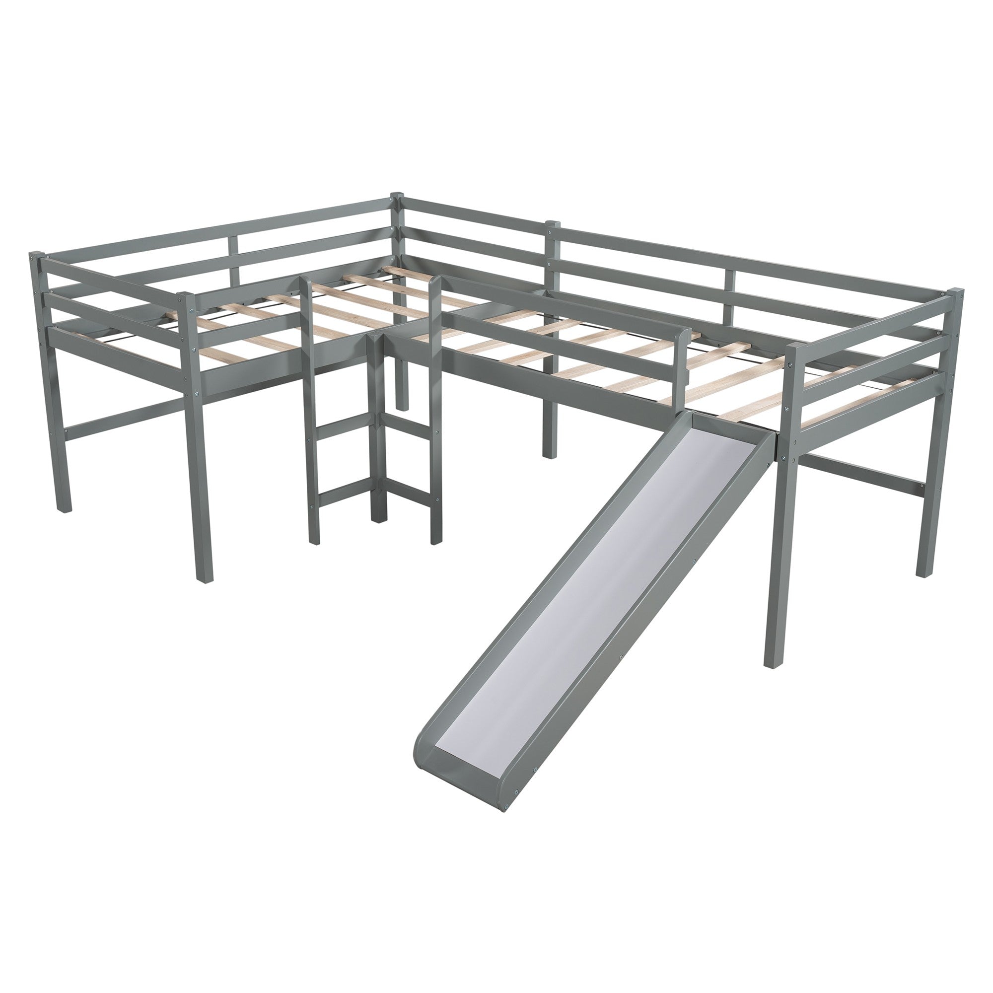 Gray L Shaped Double Twin Low Loft Beds with Slide