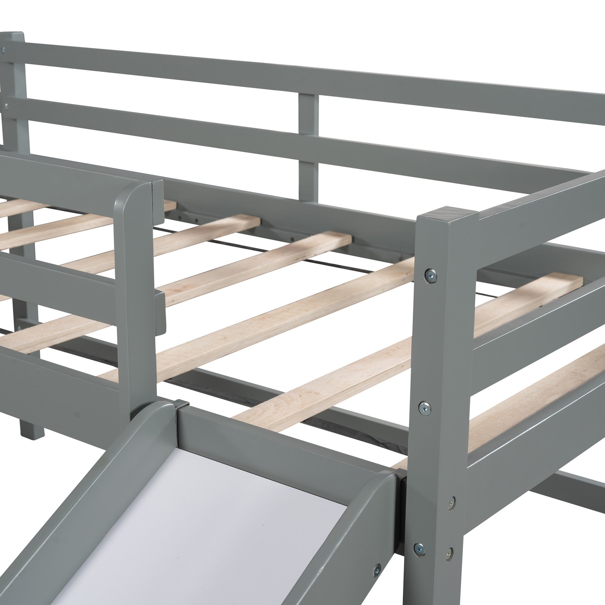 Gray L Shaped Double Twin Low Loft Beds with Slide