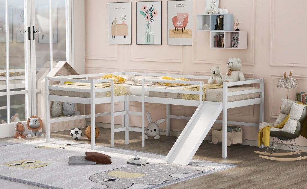 White L Shaped Double Twin Low Loft Beds with Slide