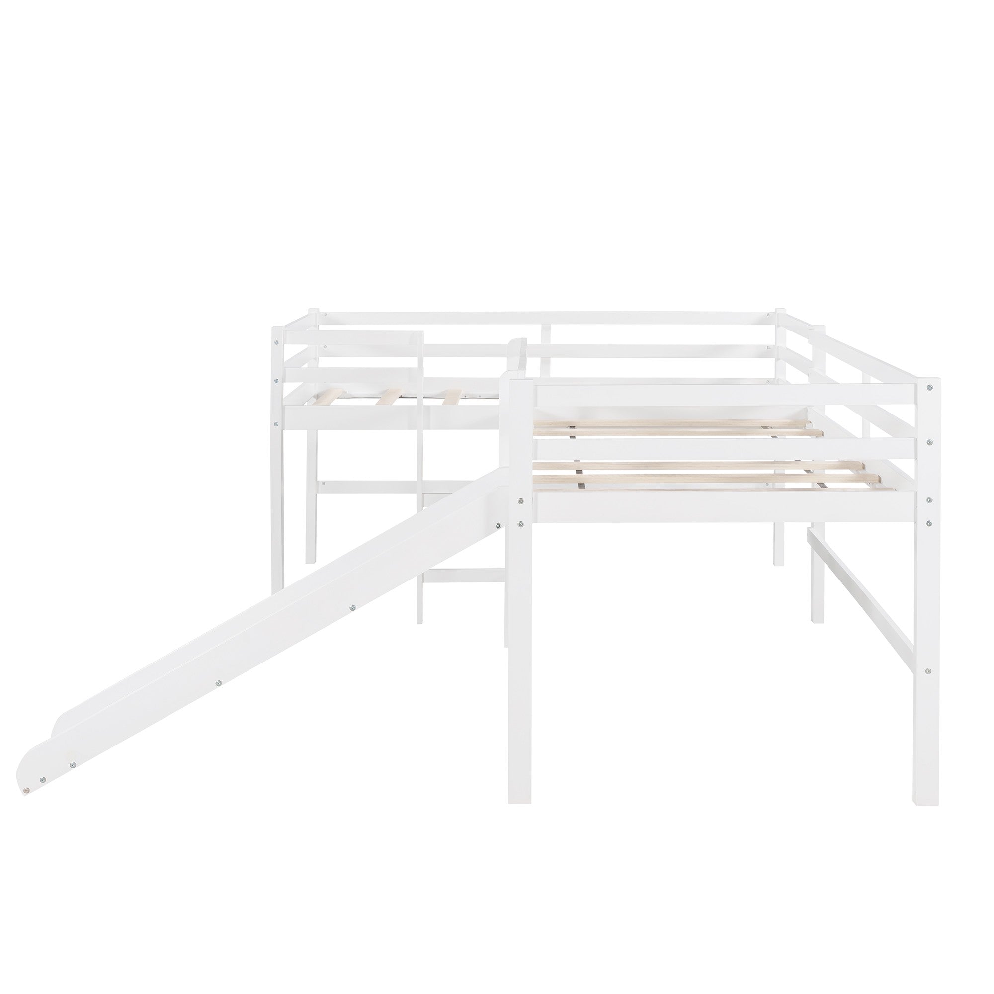 White L Shaped Double Twin Low Loft Beds with Slide