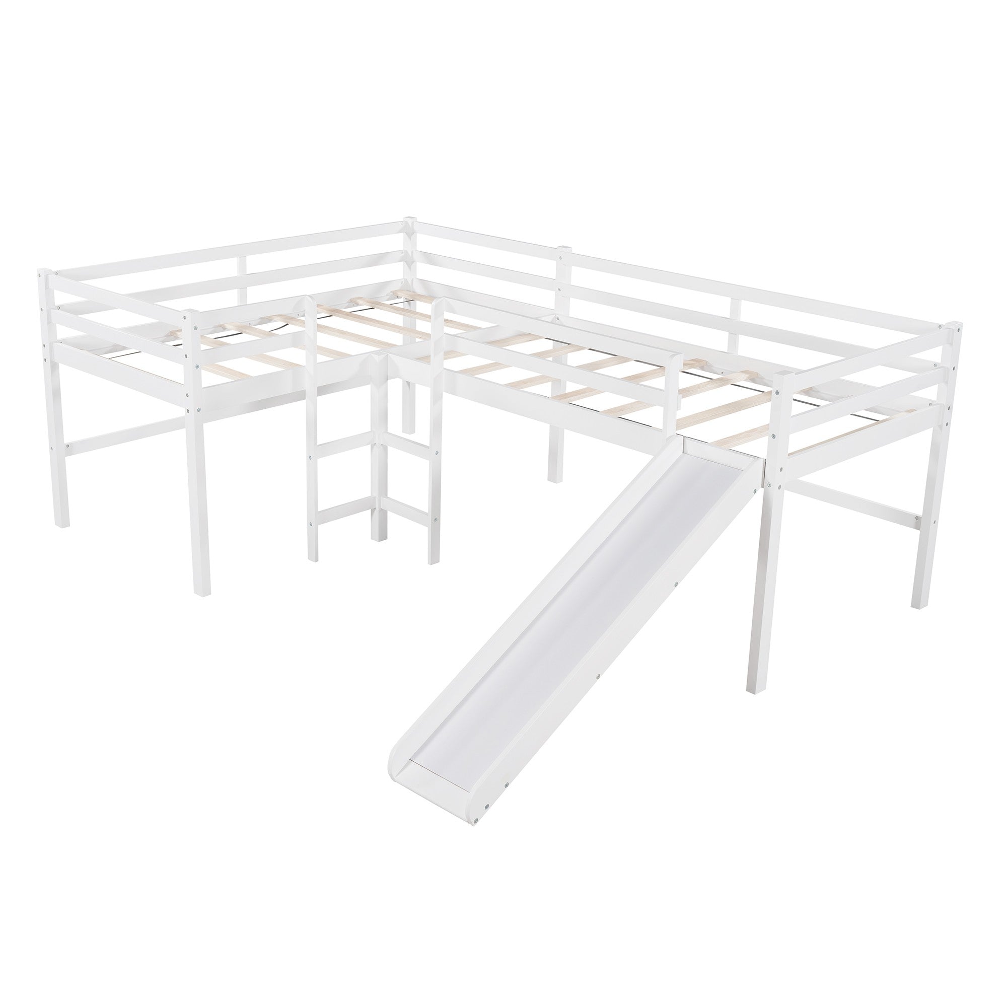 White L Shaped Double Twin Low Loft Beds with Slide