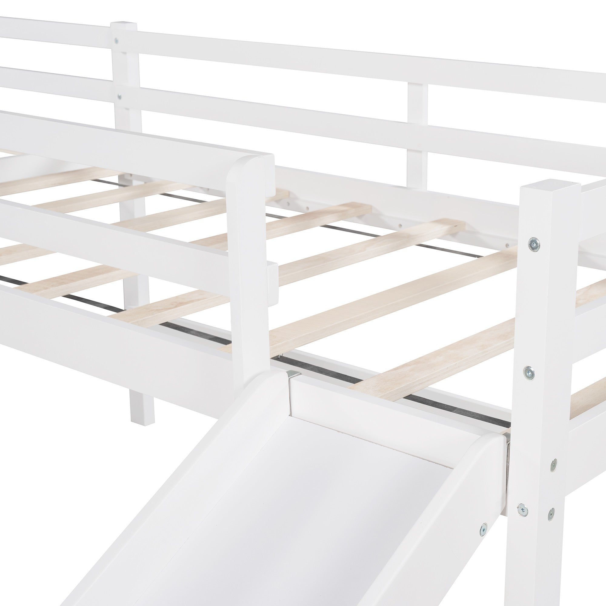 White L Shaped Double Twin Low Loft Beds with Slide