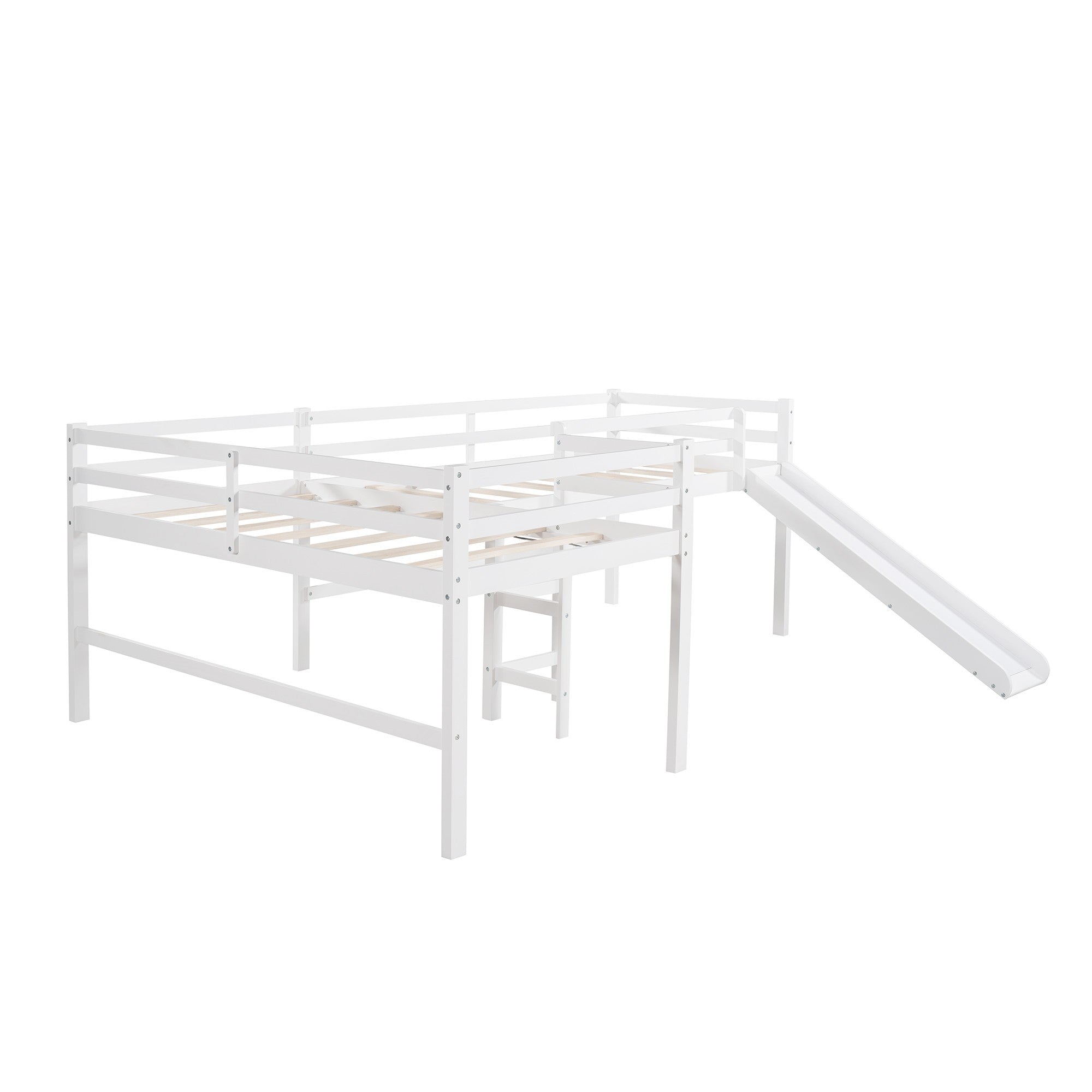 White L Shaped Double Twin Low Loft Beds with Slide