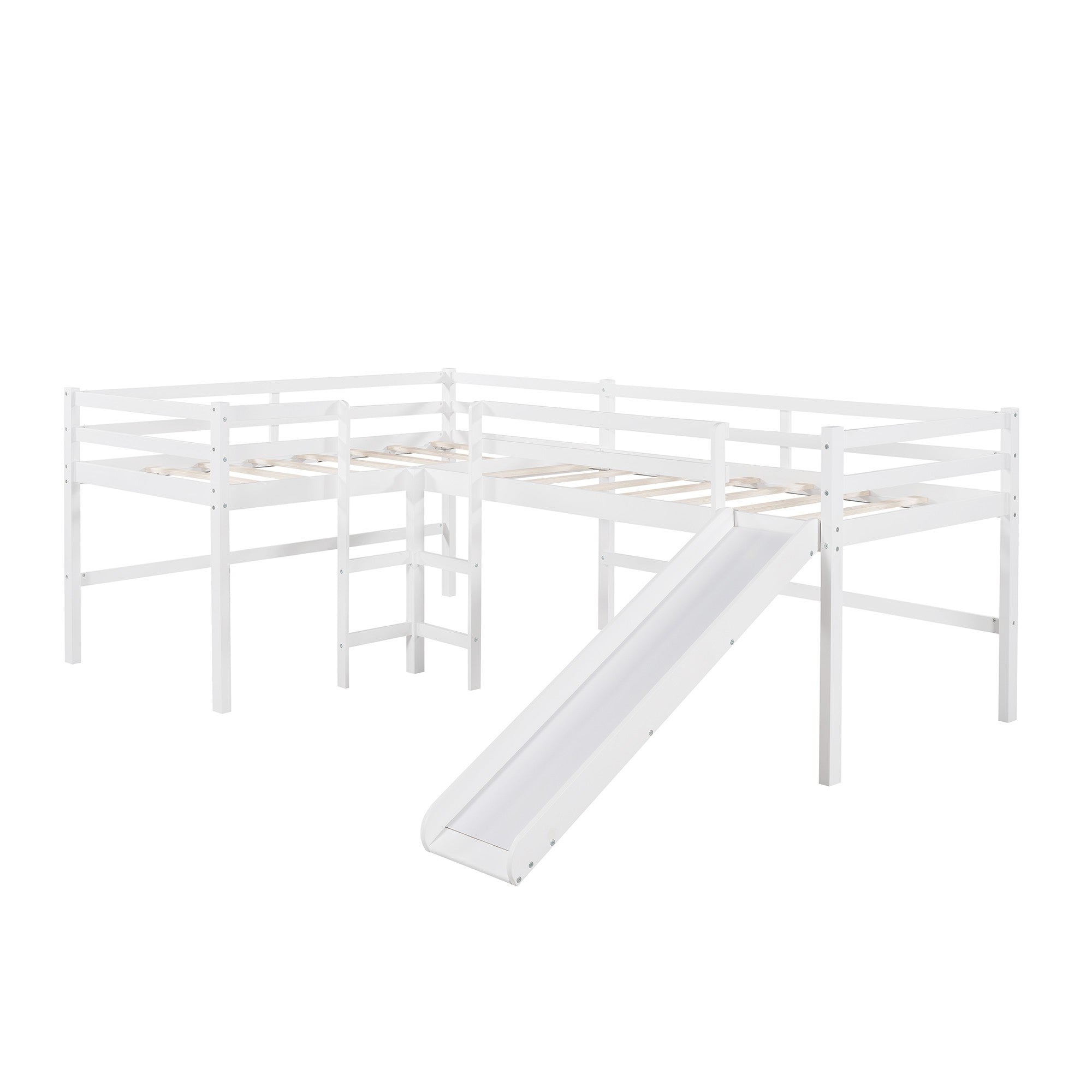 White L Shaped Double Twin Low Loft Beds with Slide