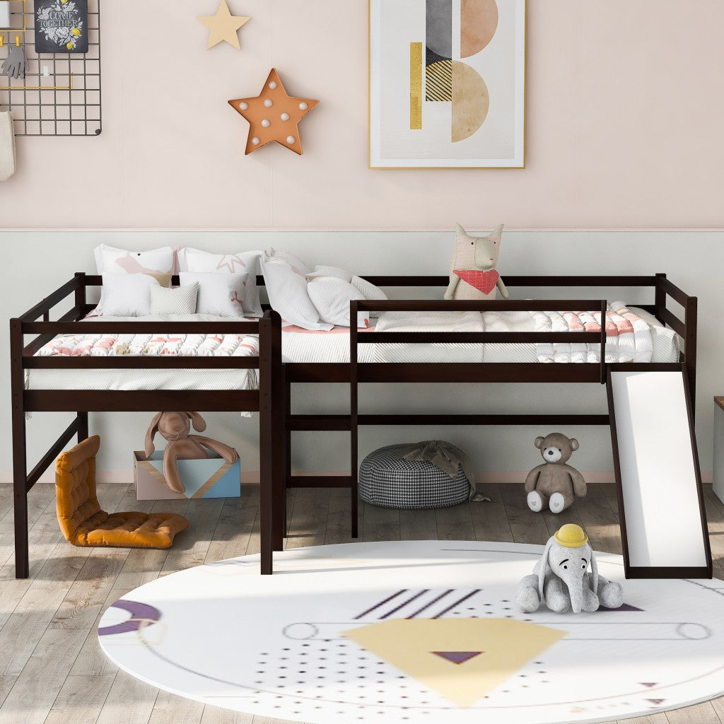 Dark Brown L Shaped Double Twin Low Loft Beds with Slide Default Title