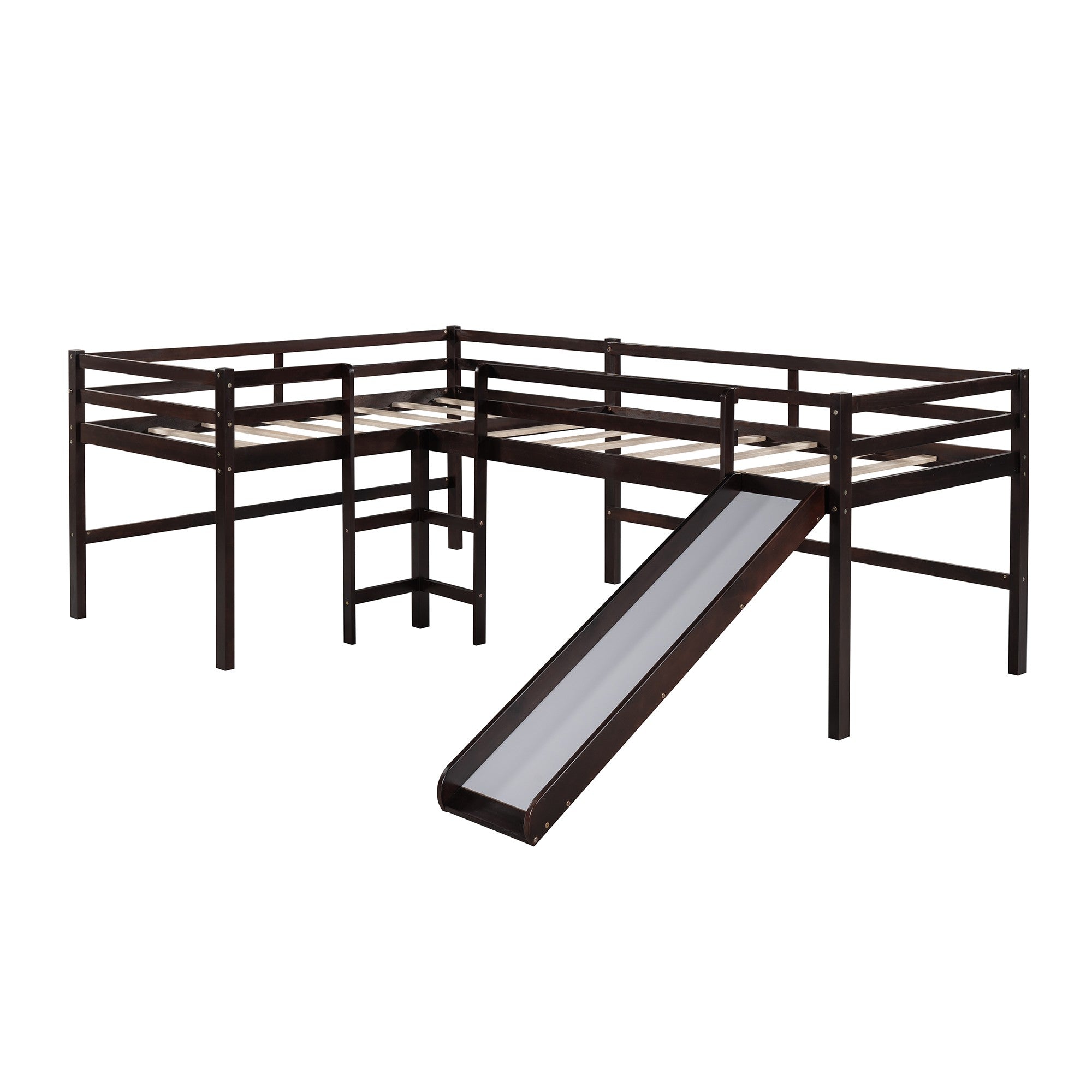 Dark Brown L Shaped Double Twin Low Loft Beds with Slide