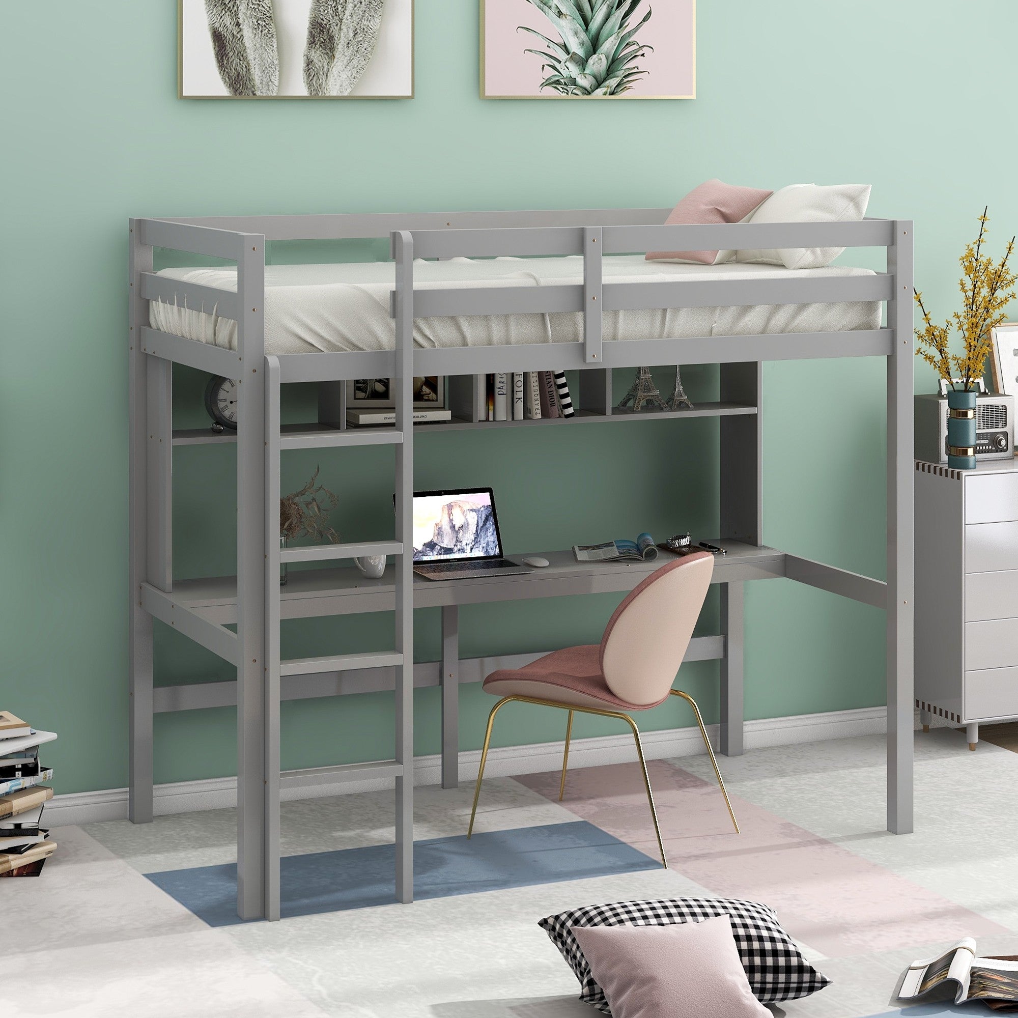 Minimalist Gray Twin Size Loft Bed with Built In Desk and Shelf