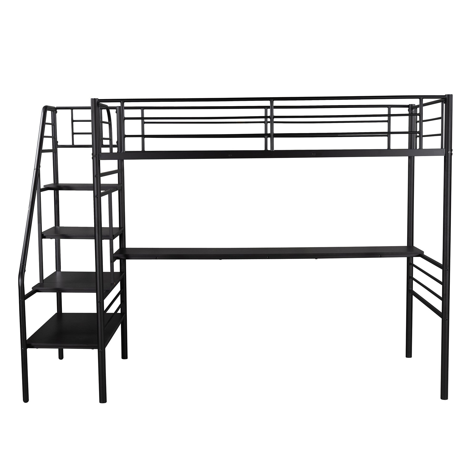 Mod Black Twin Size Metal Loft Bed with Desk and Stairs