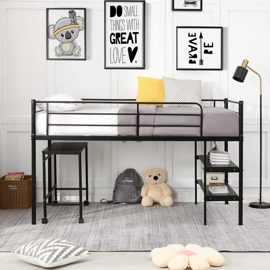 Mod Black Twin Size Metal Loft Bed with Book Shelf and Roll Out Desk Default Title