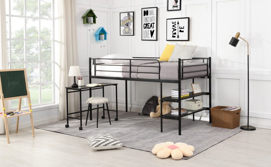 Mod Black Twin Size Metal Loft Bed with Book Shelf and Roll Out Desk Default Title